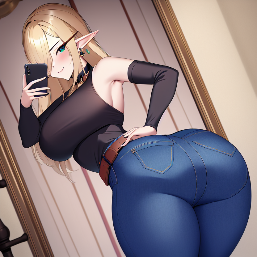 1girls ai_generated alborewimi arched_back ass bare_shoulders belt bent_over big_ass big_butt black_sleeves blonde_hair blue_jeans blush boobs_and_butt_pose collar denim denim_bottomwear denim_clothing denim_jeans dumptruck_ass earrings elf elf_ears fat_ass female from_behind from_side green_eyes holding_phone indoors jeans light-skinned_female looking_at_viewer looking_back mirror mirror_selfie nai_diffusion pawg pointy_ears posing presenting rear_view seductive selfie showing_ass showing_off showing_off_ass solo solo_focus stable_diffusion standing suggestive taut_shirt tease teasing teasing_viewer thick_ass thick_thighs tight_clothing tight_jeans