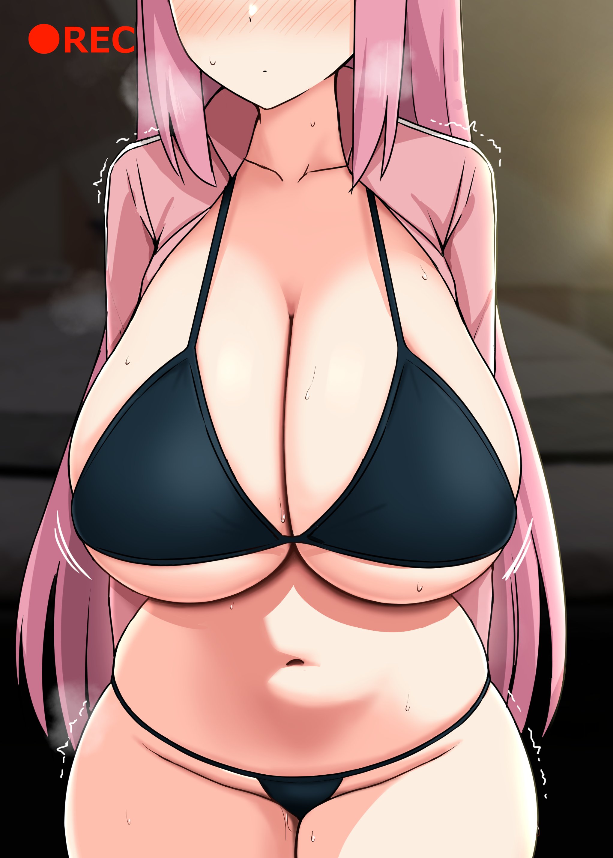 1girls, bikini, black bikini, bocchi the rock!, breasts, cleavage, curvy, eyes out of frame, female, gotou hitori, huge breasts, large breasts, long hair, navel, recording, solo, sweat, thighs, tomato rice, wide hips