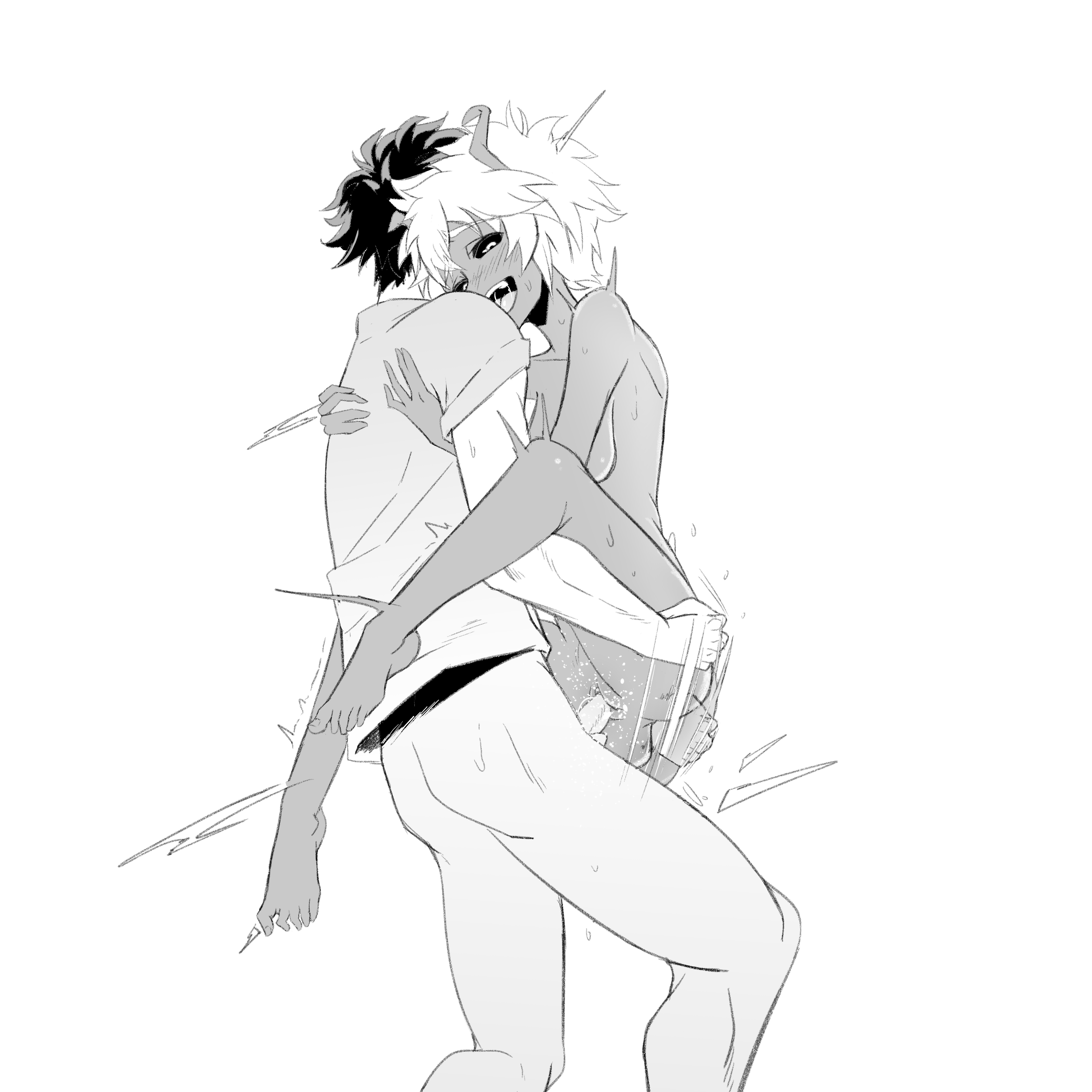1boy, 1girls, ashido mina, black sclera, boku no hero academia, female, female penetrated, hands on back, hands on thighs, horns, izuku midoriya, looking at viewer, looking down, male, male penetrating, male penetrating female, male/female, messy hair, midoriya izuku, mina ashido, my hero academia, penile penetration, penis, penis in pussy, pussy, standing, standing sex, tongue, tongue out, vaginal penetration, vaginal sex