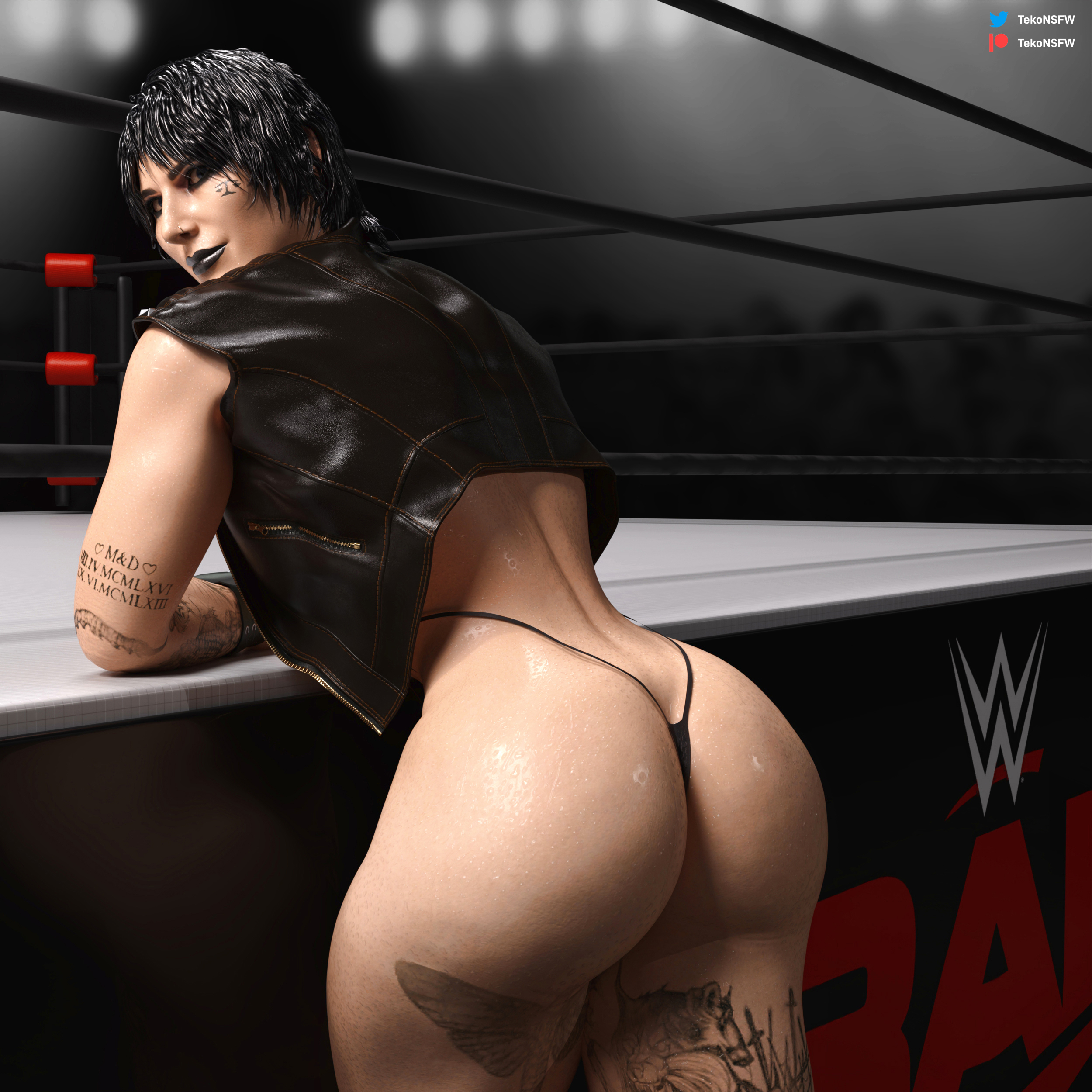 3d, ass, big ass, female, gothic, rhea ripley, tekonsfw, thong, wwe