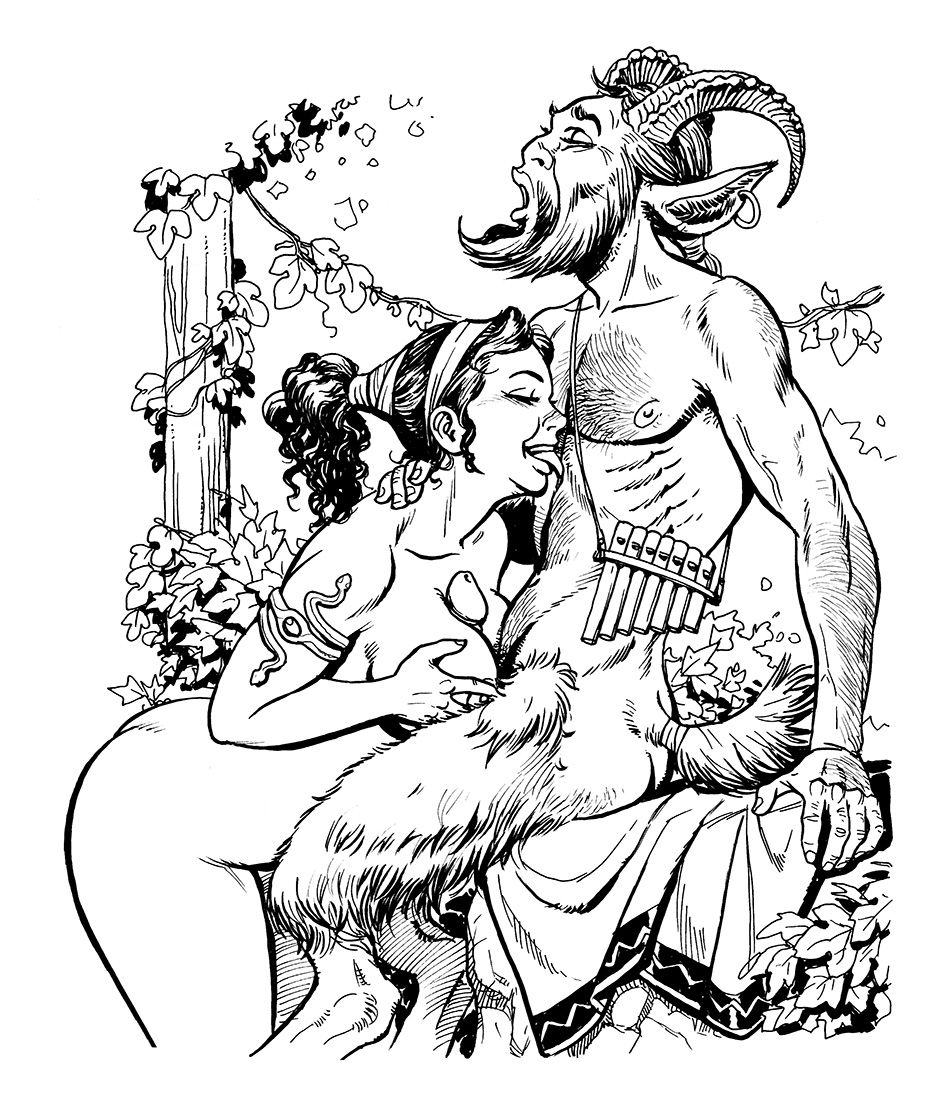 1boy 1boy1girl 1girls armlet bacchante beard black_hair boobjob consensual curly_hair curvy ear_ring earring facial_hair female flute goat greek_mythology hairy_chest hairy_male hand_on_another's_neck hand_on_neck hands_on_breasts hands_on_own_breasts happy happy_sex horned_humanoid horns human human_on_humanoid humanoid interspecies kneeling large_breasts leaves licking_chest light-skinned_female light_skin light_skinned_female lipatov male moaning moaning_in_pleasure monochrome monster_boy mythology nipples paizuri pan_flute penis penis_between_breasts ponytail purr-hiss satyr smile straight titjob vines