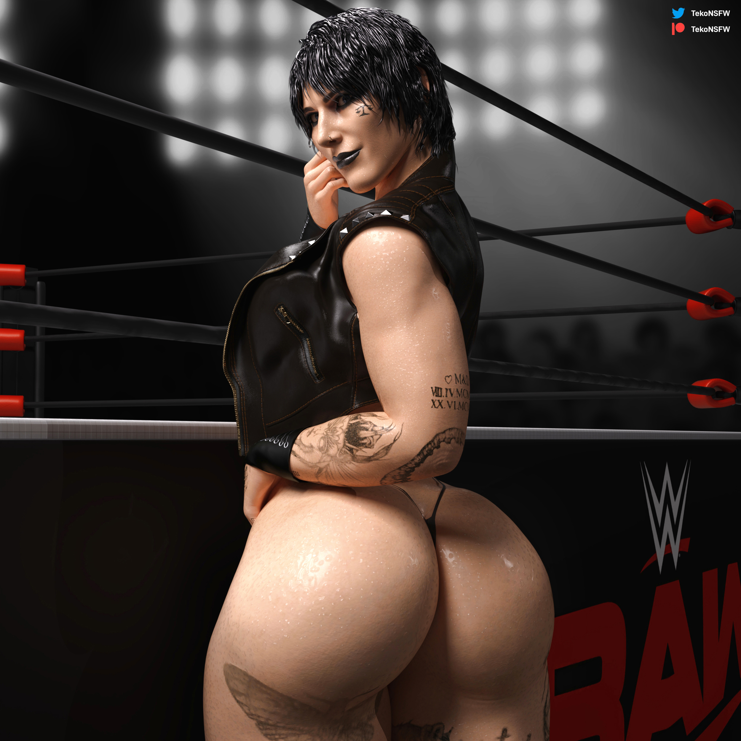 3d, ass, big ass, female, goth girl, gothic, rhea ripley, tekonsfw, thong, wrestling ring, wwe