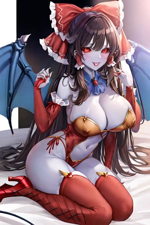 ai_generated blue_skin corruption dark_persona demon demon_girl demon_horns demon_tail demon_wings high_heels huge_ass huge_breasts implied_transformation npg8993 post_transformation reimu_hakurei revealing_clothes succubus thick_thighs touhou transformation wide_hips