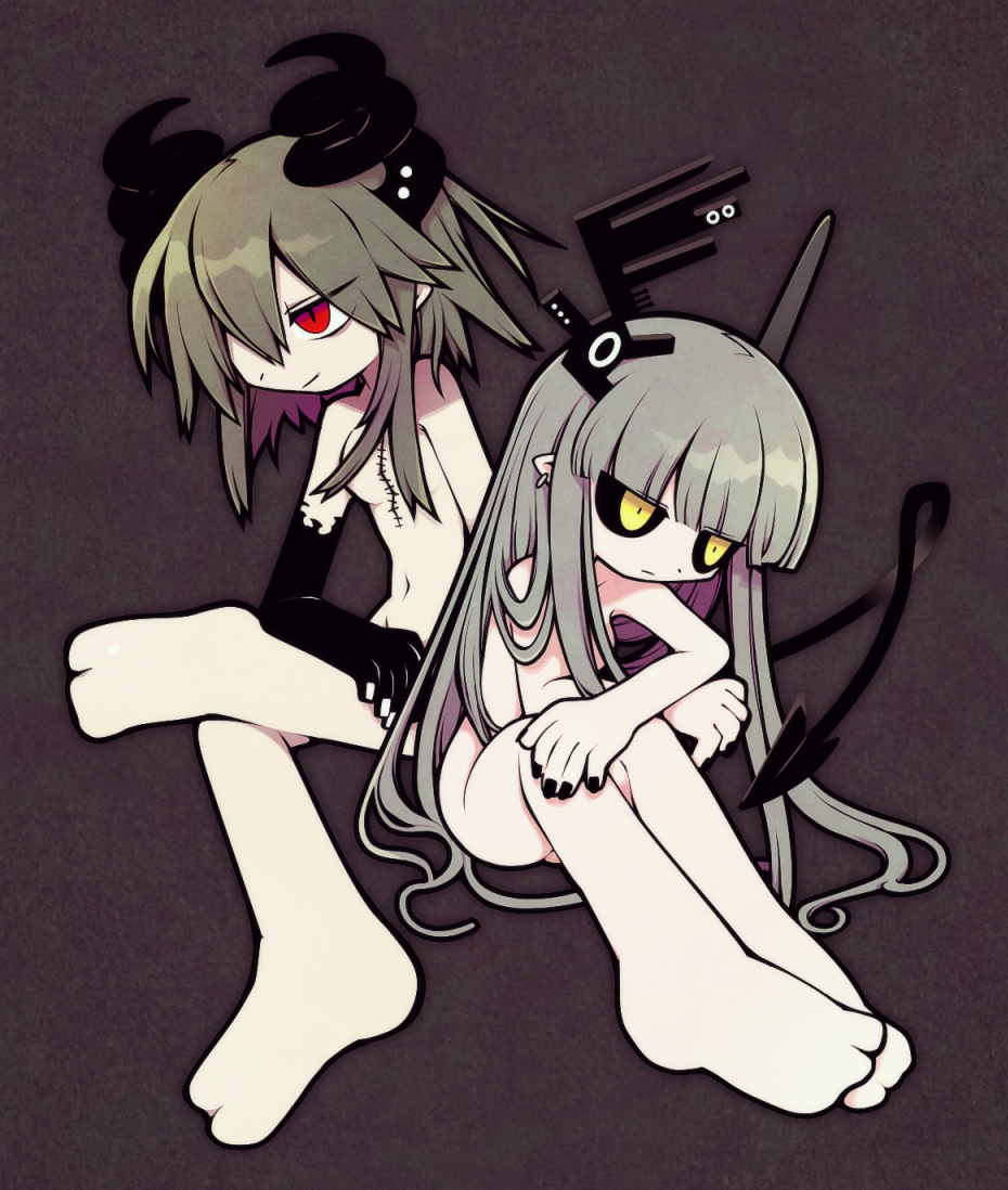 2girls barefoot black_hands black_sclera black_tail blonde_hair blunt_bangs breasts brown_background colored_sclera commission completely_nude demon_horns demon_tail earrings feet funamusea funamusea_(artist) grey_hair hair_over_breasts hair_over_one_eye hanten horns implied_yuri jewelry kurotsuno multiple_girls nude obsolete_dream official_art pointy_ears red_eyes scar scar_on_chest skeb_commission small_breasts tail white_nails yellow_eyes