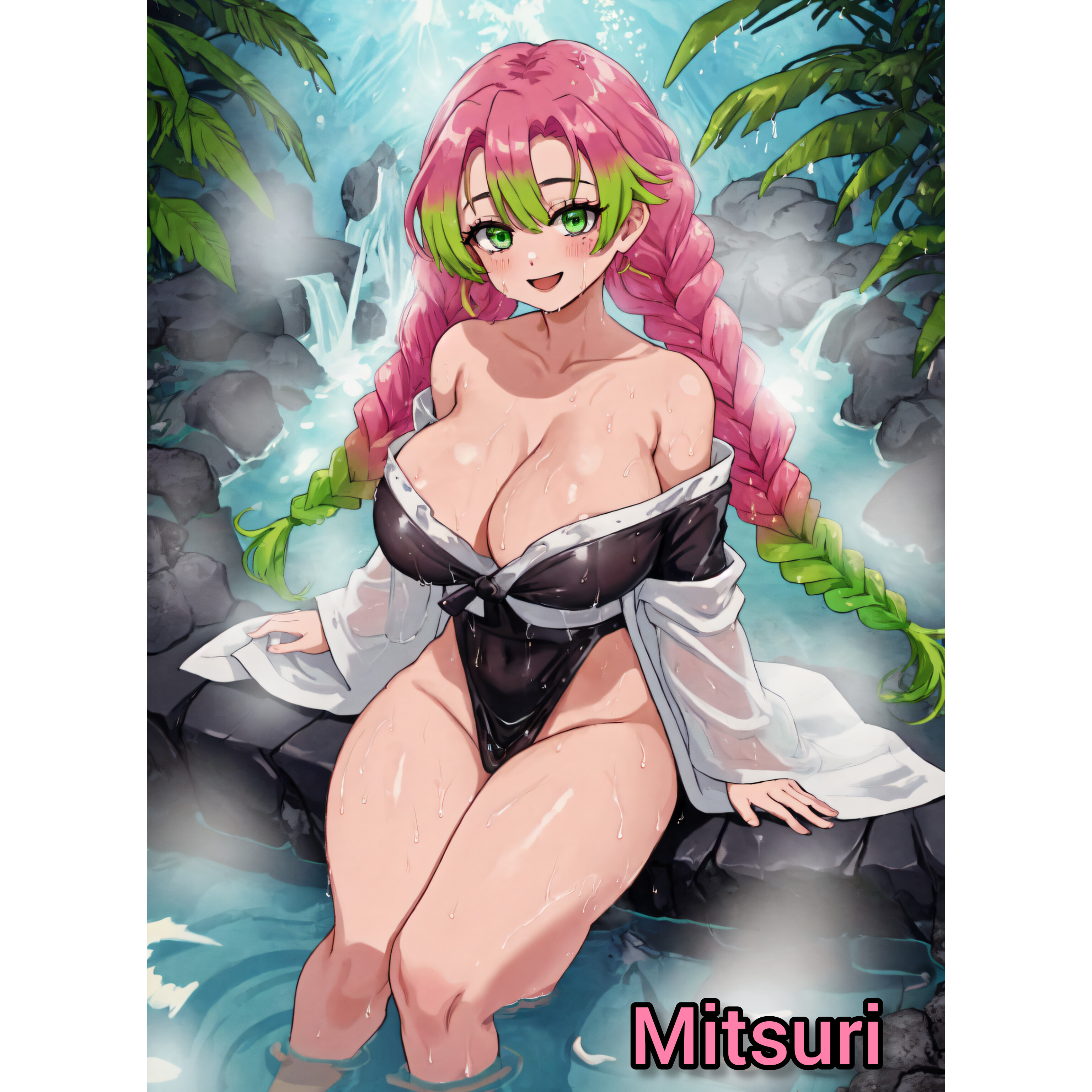 1girls, ai generated, bikini, breasts, demon slayer, female, female only, green eyes, kanroji mitsuri, kimetsu no yaiba, looking at viewer, multicolored hair, pink hair, sitting, solo, steam, water