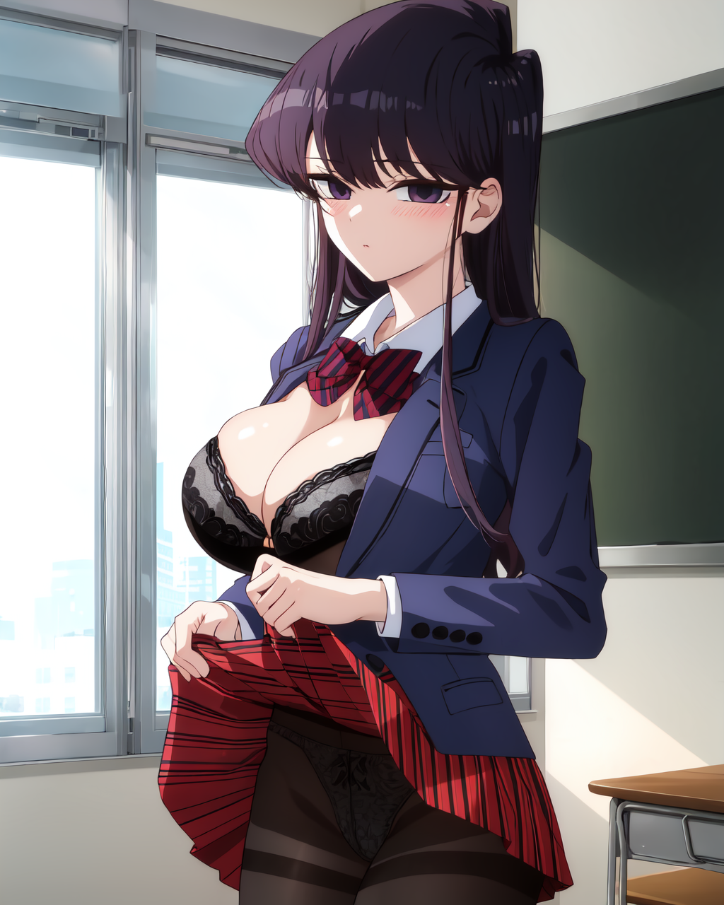 1girls ai_generated black_hair blazer blunt_bangs blush bowtie bra breasts breasts_out classroom clothing embarrassed female female_only fossillight indoors komi-san_wa_komyushou_desu komi_shouko lifted_by_self light-skinned_female light_skin long_hair nai_diffusion necktie panties panties_under_pantyhose panties_visible_through_clothing pantyhose pinup presenting presenting_self purple_eyes school school_uniform schoolgirl shirt shy skirt skirt_lift solo solo_focus stable_diffusion student sunlight underwear very_long_hair