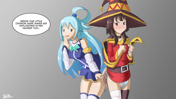 2girls aqua_(konosuba) diaper kono_subarashii_sekai_ni_shukufuku_wo! megumin multiple_girls scat sketchmandl soiling soiling_diaper