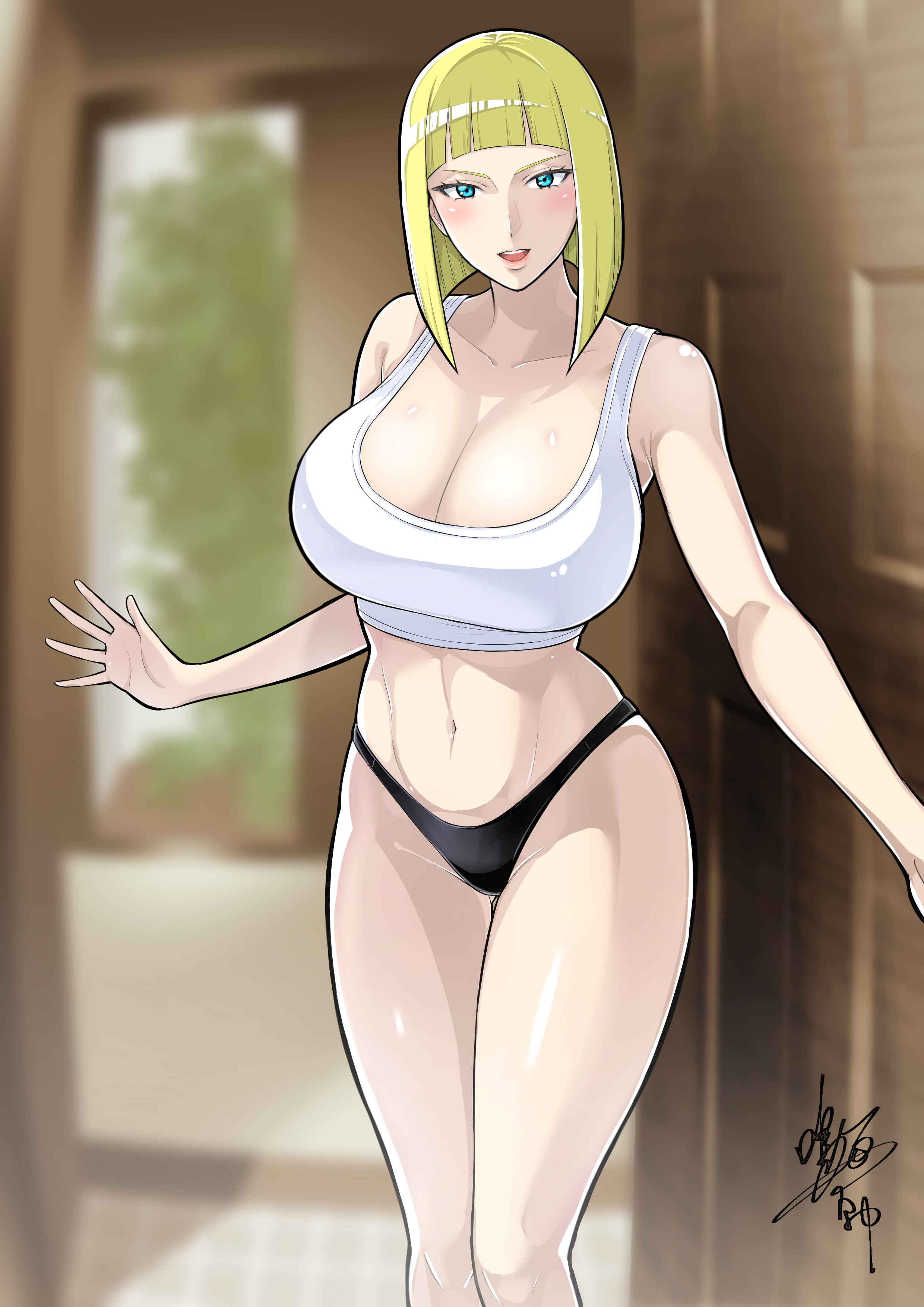 1girls, bare legs, bare shoulders, big breasts, black panties, blonde hair, blue eyes, blush, bob cut, bottomless, bottomless female, breasts, cleavage, facing viewer, female, female only, front view, fully clothed, hi res, huge breasts, large breasts, legs together, medium hair, midriff, narumi amiya, narumiamiya, naruto, naruto (series), naruto shippuden, no bra, no bra under clothes, open door, panties, partially clothed, pinup, samui, smile, solo, tank top, underwear, voluptuous, voluptuous female, watermark, waving, waving at viewer, wide hips