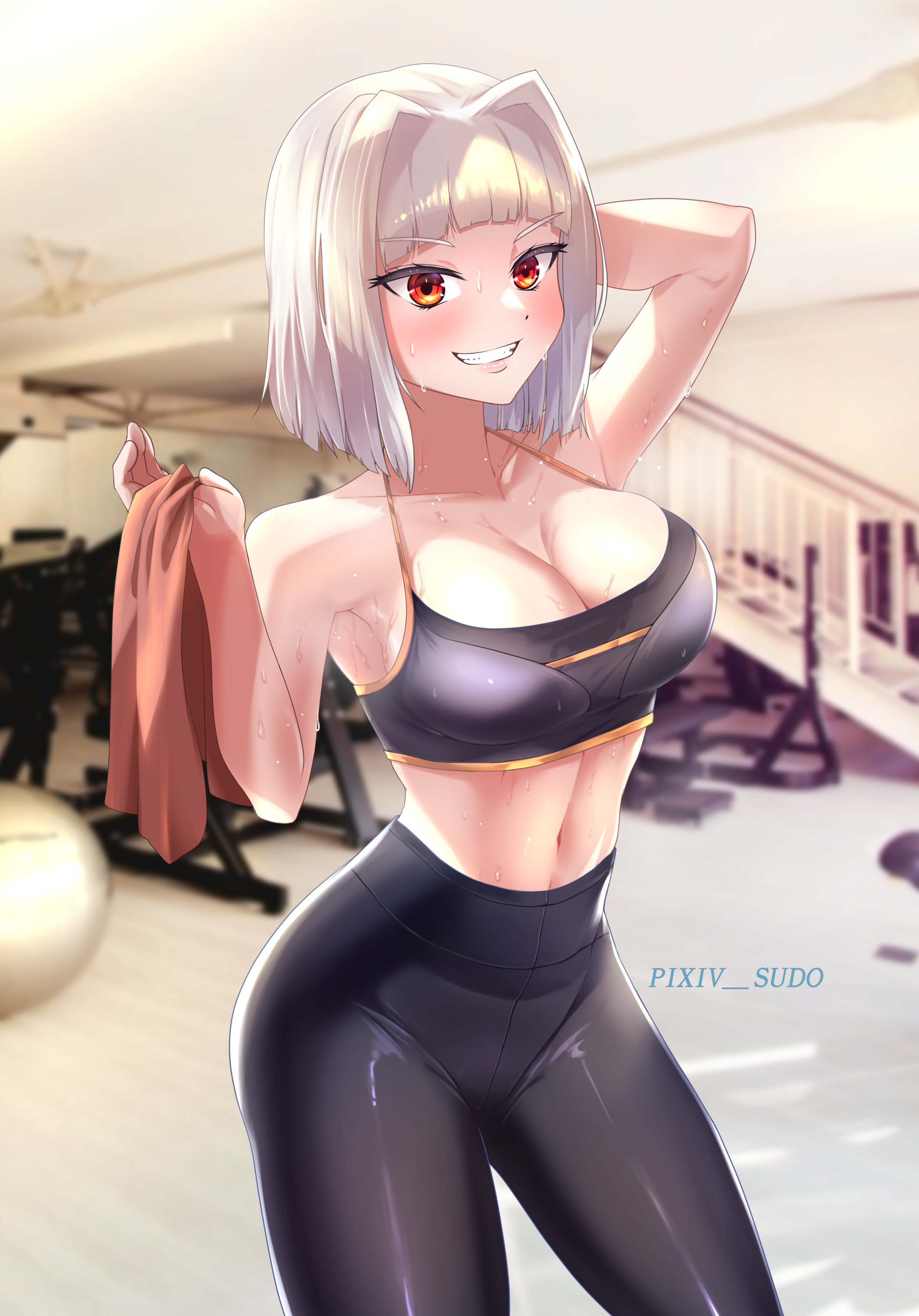 big breasts, breasts, cleavage, female, gym, hand on head, library of ruina, lobotomy corporation, looking at viewer, medium hair, myo (lobotomy corporation), project moon, red eyes, skimpy, smile, sports bra, sportswear, sweat, tight clothing, towel, white hair