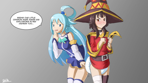 2girls aqua_(konosuba) diaper english_text female female_only kono_subarashii_sekai_ni_shukufuku_wo! megumin multiple_girls sketchmandl text