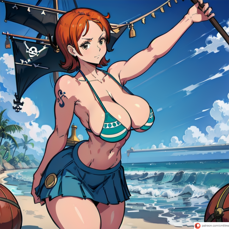 4k abs absurdres ai_generated beach bikini bikini_top bursting_breasts child_bearing_hips cmtilins female female_only fit_female highres large_breasts nami nami_(one_piece) one_piece orange_hair post-timeskip sea short_hair skirt tatoo wide_hips