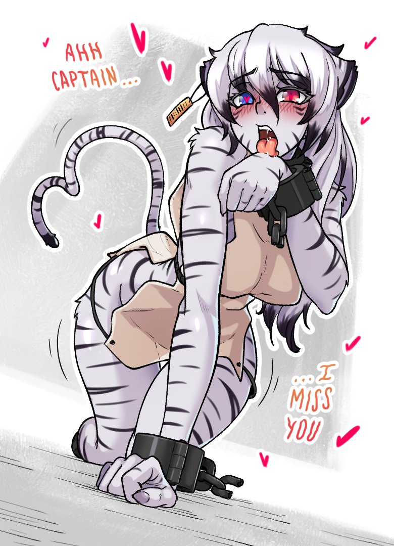 1girls, alya (born of itheriont), blush, born of itheriont, breasts, chains, feline, female, female only, furry, heart tail, heat, heterochromia, kawa-v, licking, long hair, looking at viewer, multicolored hair, solo, solo female, tail, text, tiger