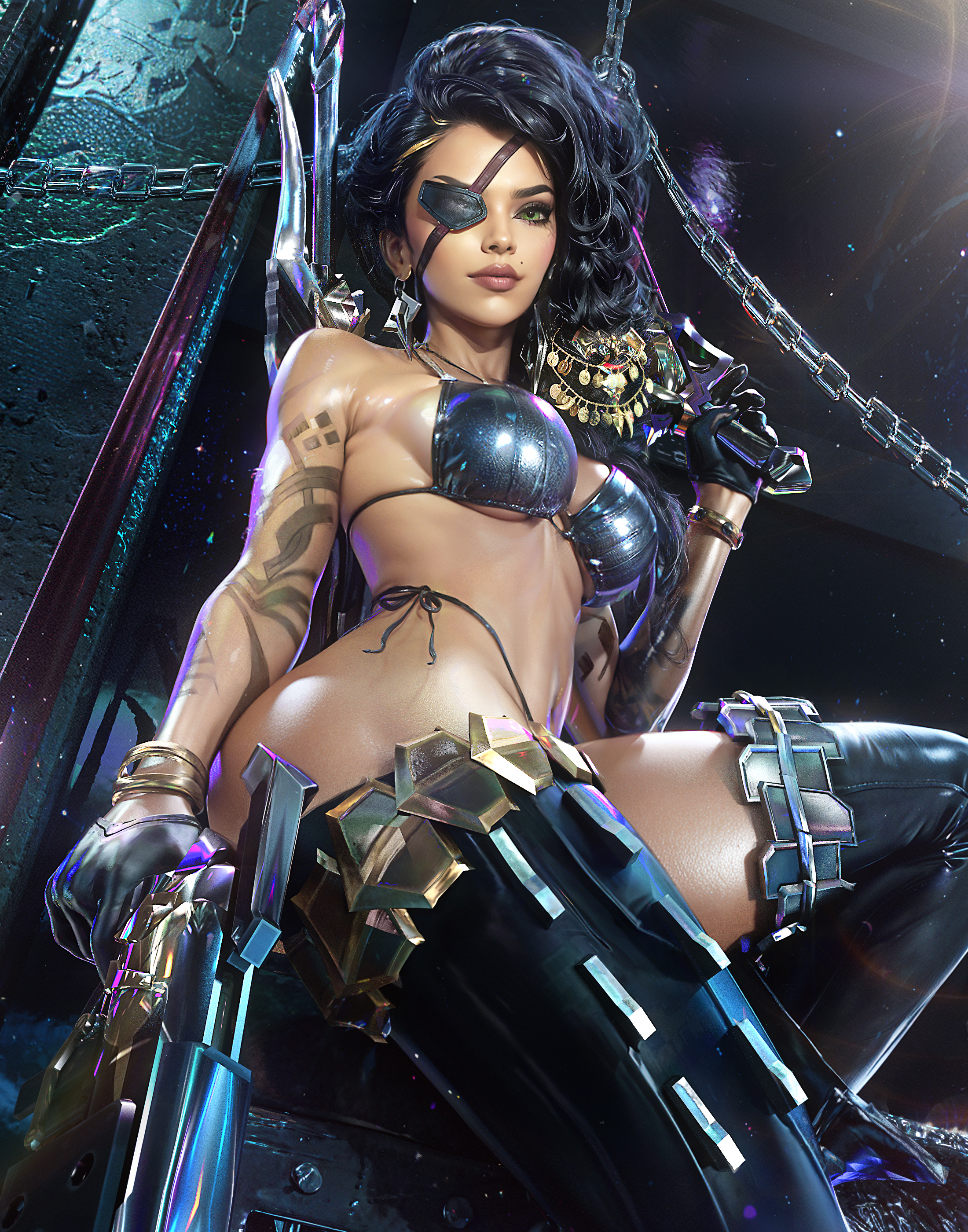 1girls, arm tattoo, beauty mark, bikini, bikini top, black bikini, black hair, bra, breasts, brown skin, dark skin, dark-skinned female, earrings, eyepatch, eyeshadow, female, female focus, female only, gloves, green eyes, gun, hair ornament, holding weapon, jewelry, league of legends, lipstick, looking at viewer, low-angle view, makeup, pinup, pose, posing, samira (league of legends), sevenbees, shiny clothes, shiny skin, sideboob, sitting, solo, solo female, solo focus, swimsuit, tattoo, tattooed arm, thighhighs, weapon
