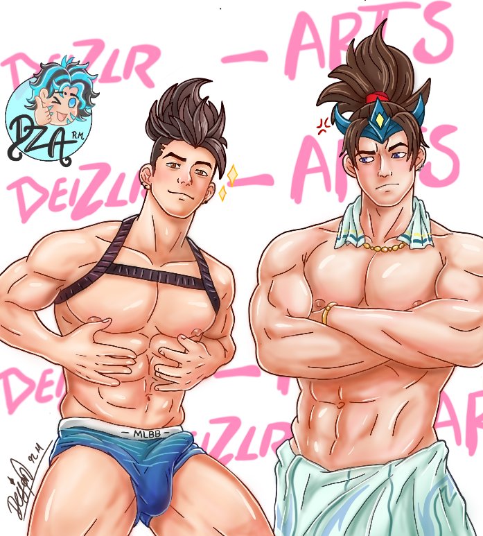 2boys balls_under_clothes blush claude_(mlbb) deiziron-arts duo earrings long_hair looking_at_another looking_at_viewer male male_only mobile_legends mobile_legends:_adventure mobile_legends:_bang_bang multiple_boys muscular muscular_male nipples no_pants penis_bulge piercing standing zilong