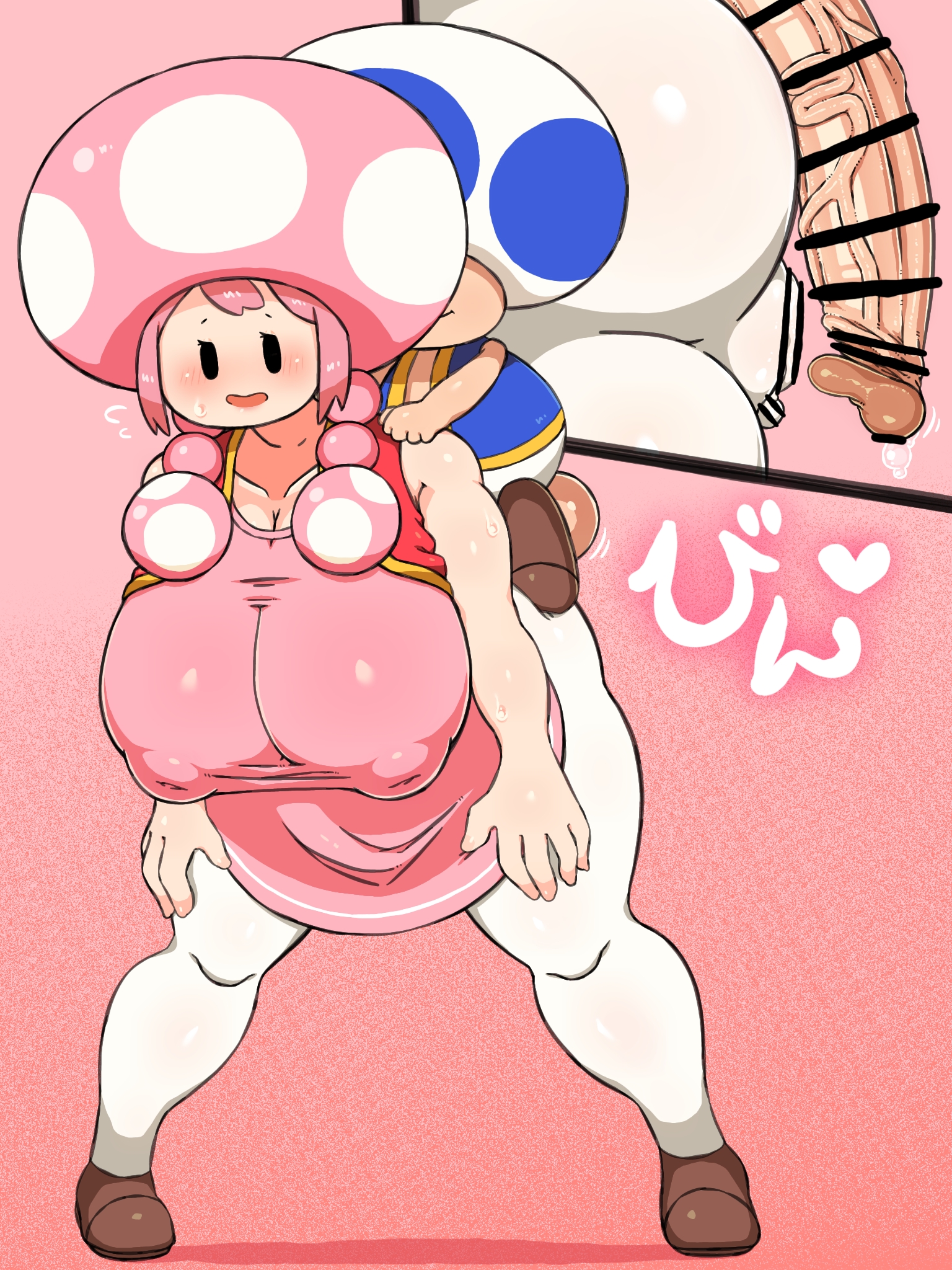 1boy, 1girls, bar censor, blush, breasts, censored, clothed, clothing, female, grabbing, grabbing from behind, grabbing shoulders, huge breasts, huge cock, huge penis, looking at viewer, male, mario (series), open mouth, osakana2gou, penis, pink hair, size difference, small but hung, smile, toad (mario), toadette, vein, veiny penis