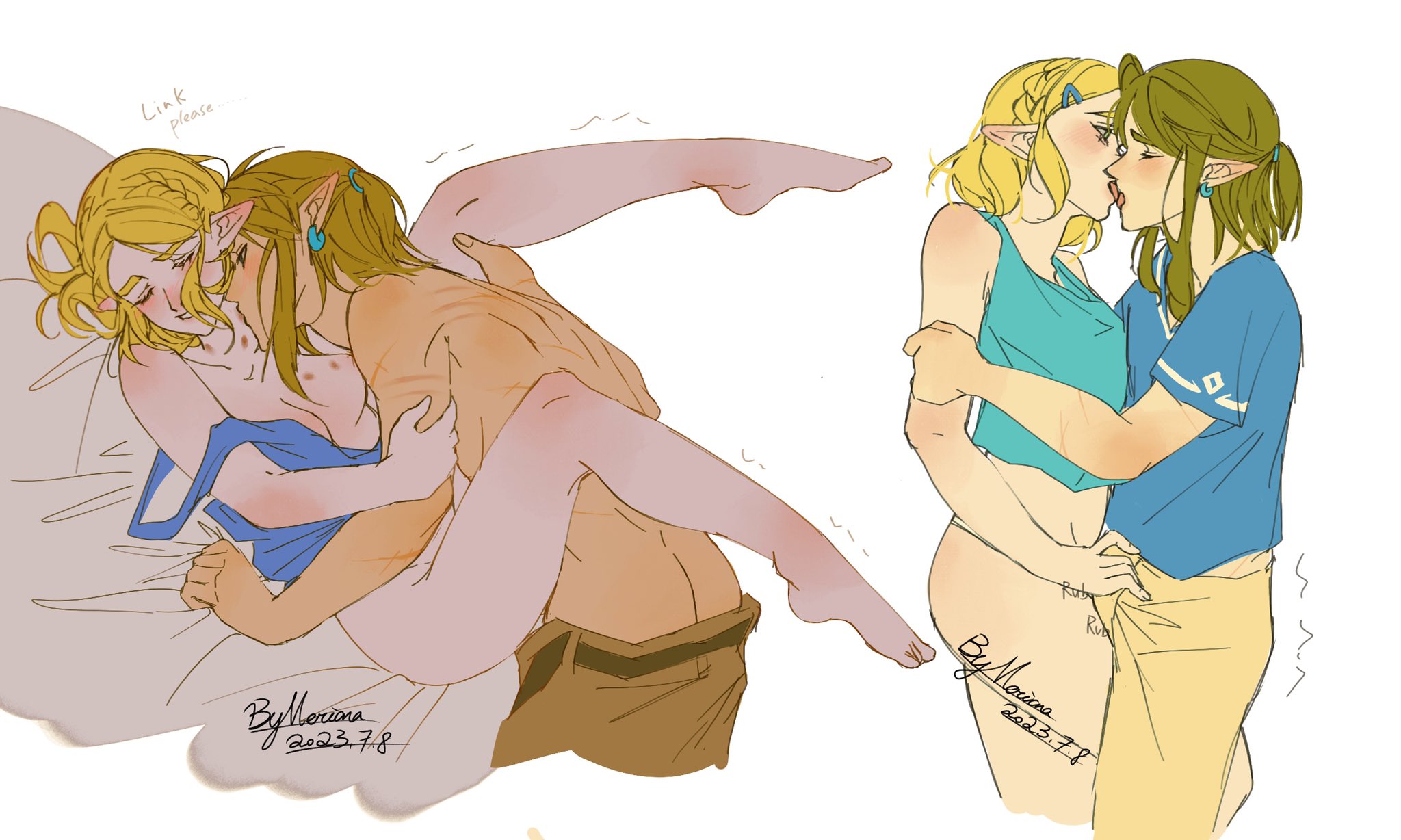 1boy, 1girls, arm grab, artist signature, ass, bed sheet, blonde hair, blush, braided hair, breasts, breath of the wild, closed eyes, earrings, elf ears, english text, erection, erection under clothes, female, french kiss, functionally nude, groping, hair ornament, handjob, hickey, imminent penetration, kiss mark, kissing, kissing neck, leg lift, legs up, link, link (breath of the wild), looking at partner, male, male and female focus, merianaka, pants down, partially clothed, penis, penis grab, ponytail, princess zelda, rubbing penis, scar, scars all over, short hair, sound effects, straight, tears of the kingdom, the legend of zelda, trembling, underwear, white background, wholesome, zelda (tears of the kingdom)