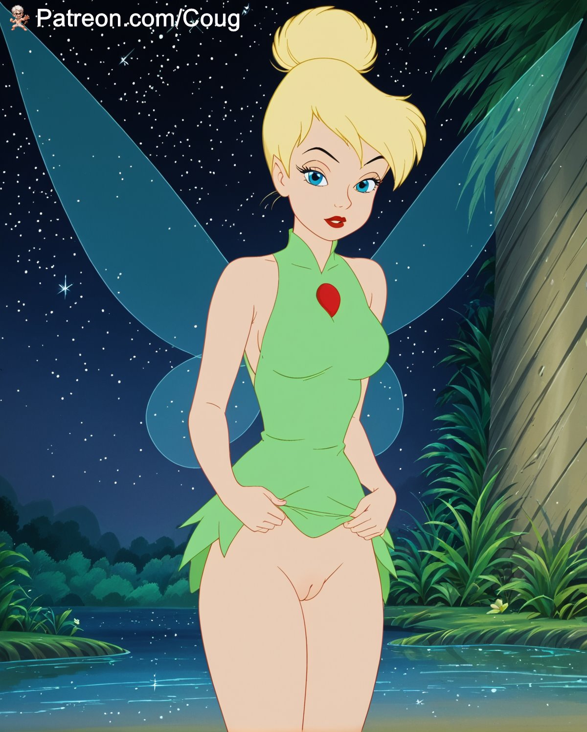 1girls ai_assisted ai_generated coug cougwe disney dress dress_lift fairy_tales female_only literature monster_girl no_panties peter_pan_(disney) public_domain stable_diffusion tinker_bell