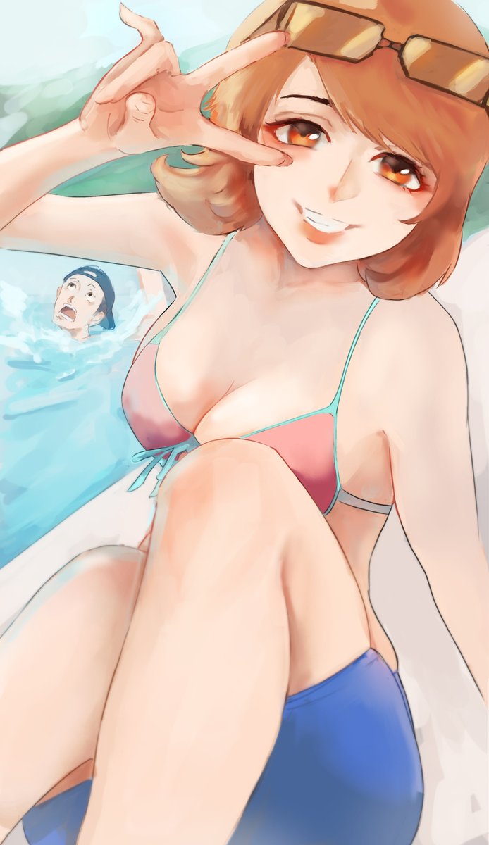 blue_hat brown_hair drowning female junpei_iori n7grey peace_sign persona persona_3 photo pink_bikini pool poolside sunglasses sunglasses_on_head yukari_takeba