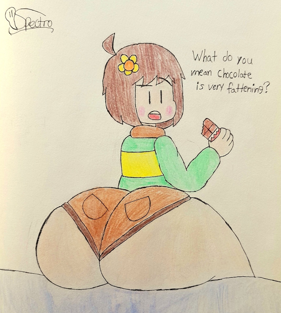 1boy, artist name, artist signature, ass, ass bigger than head, ass focus, barely contained, big ass, big butt, booty shorts, brown hair, bubble ass, bubble butt, candy, chara, chocolate, dialogue, femboy, femboy chara, flower, flower in hair, green clothing, huge ass, human, male, male chara, male only, pink cheeks, raised eyebrow, self upload, shorts, sitting, sitting on bed, solo, spectrodraws, striped clothing, talking, traditional media (artwork), undertale, undertale (series), video games, weight gain, white skin
