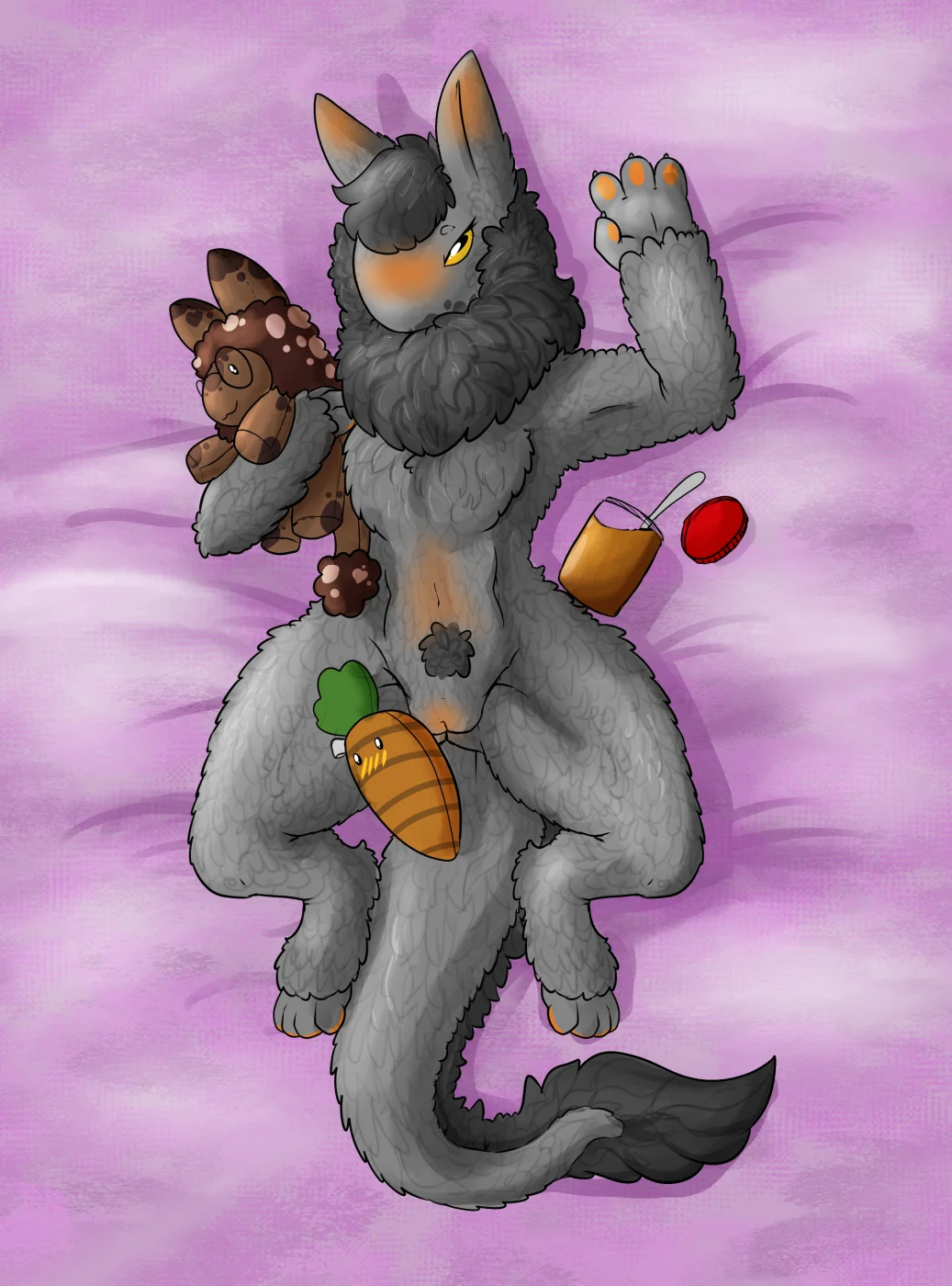 alien anthro blush carrot container ear_blush female food frostedscales fur genitals grey_body grey_fur hi_res holding_object holding_plushie jar looking_at_viewer lying mammal navel neck_tuft nude on_back plant plushie pubes pussy seductive semi-anthro solo tail tail_tuft the_nature_of_predators tuft vegetable venlil_(the_nature_of_predators) yellow_eyes