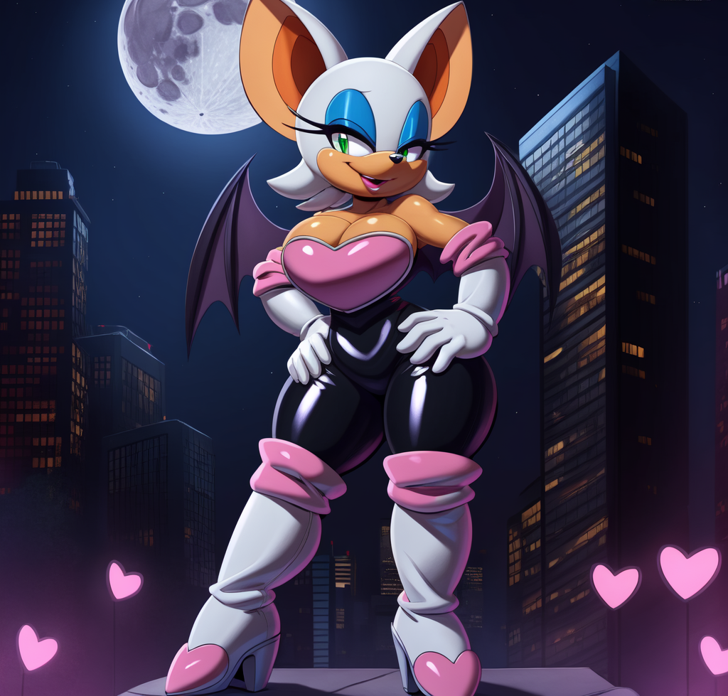 1girls, ai generated, anthro, bat, bat wings, big breasts, big ears, blue eyeshadow, bodysuit, breasts, chiropteran, city, cleavage, clothing, elbow gloves, eyelashes, eyeshadow, female, furry, furry female, gloves, green eyes, hands on hips, large breasts, lipstick, makeup, mammal, membrane (anatomy), membranous wings, moon, night, orange body, rouge the bat, short hair, sonic (series), sonic the hedgehog (series), stable diffusion, starry sky, stars, thighhighs, white fur, white hair