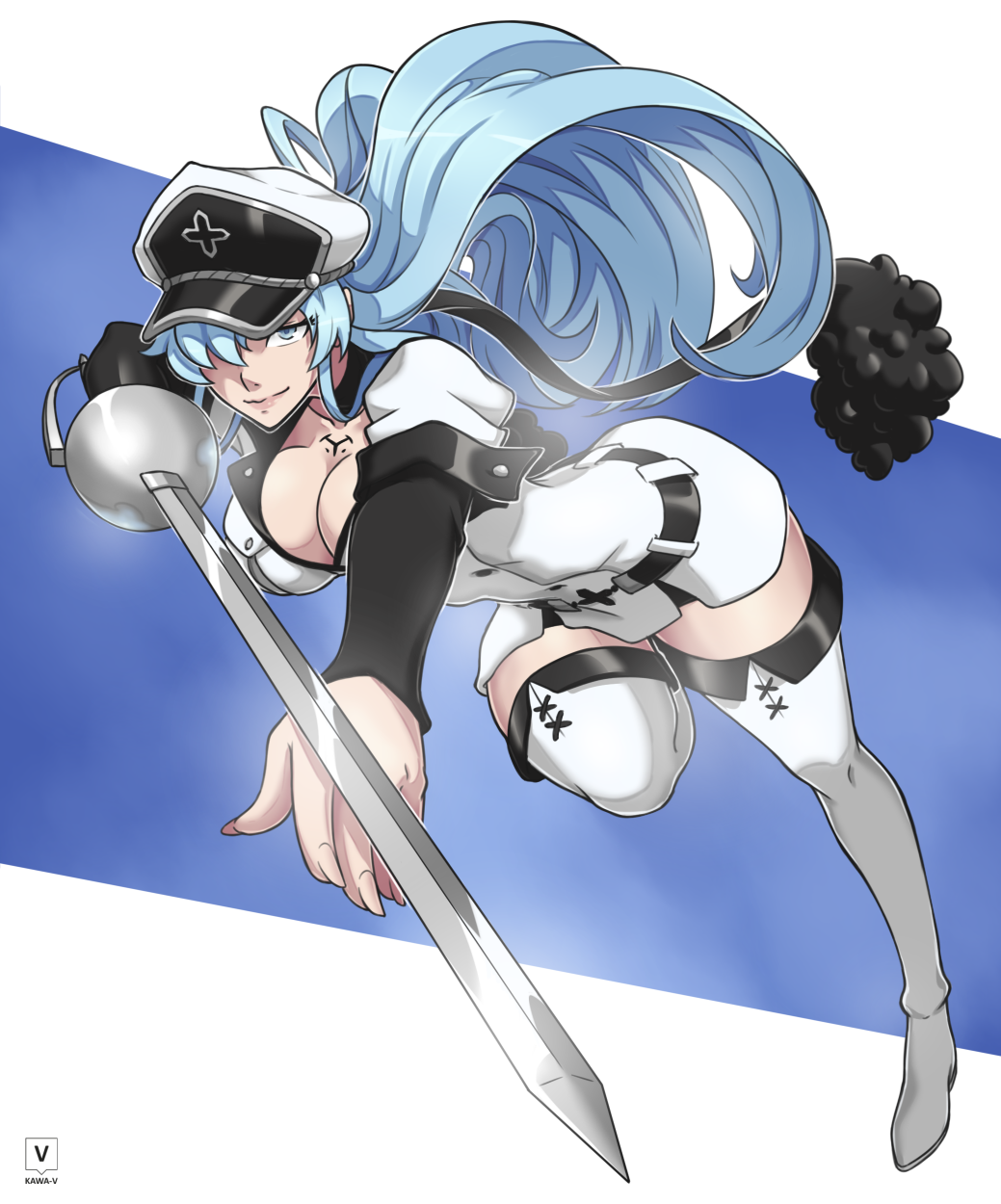 1girls akame_ga_kill! big_breasts blue_eyes blue_hair clothed clothing esdeath_(akame_ga_kill!) hat kawa-v large_breasts long_hair military_uniform peaked_cap solo solo_female sword thick_thighs weapon