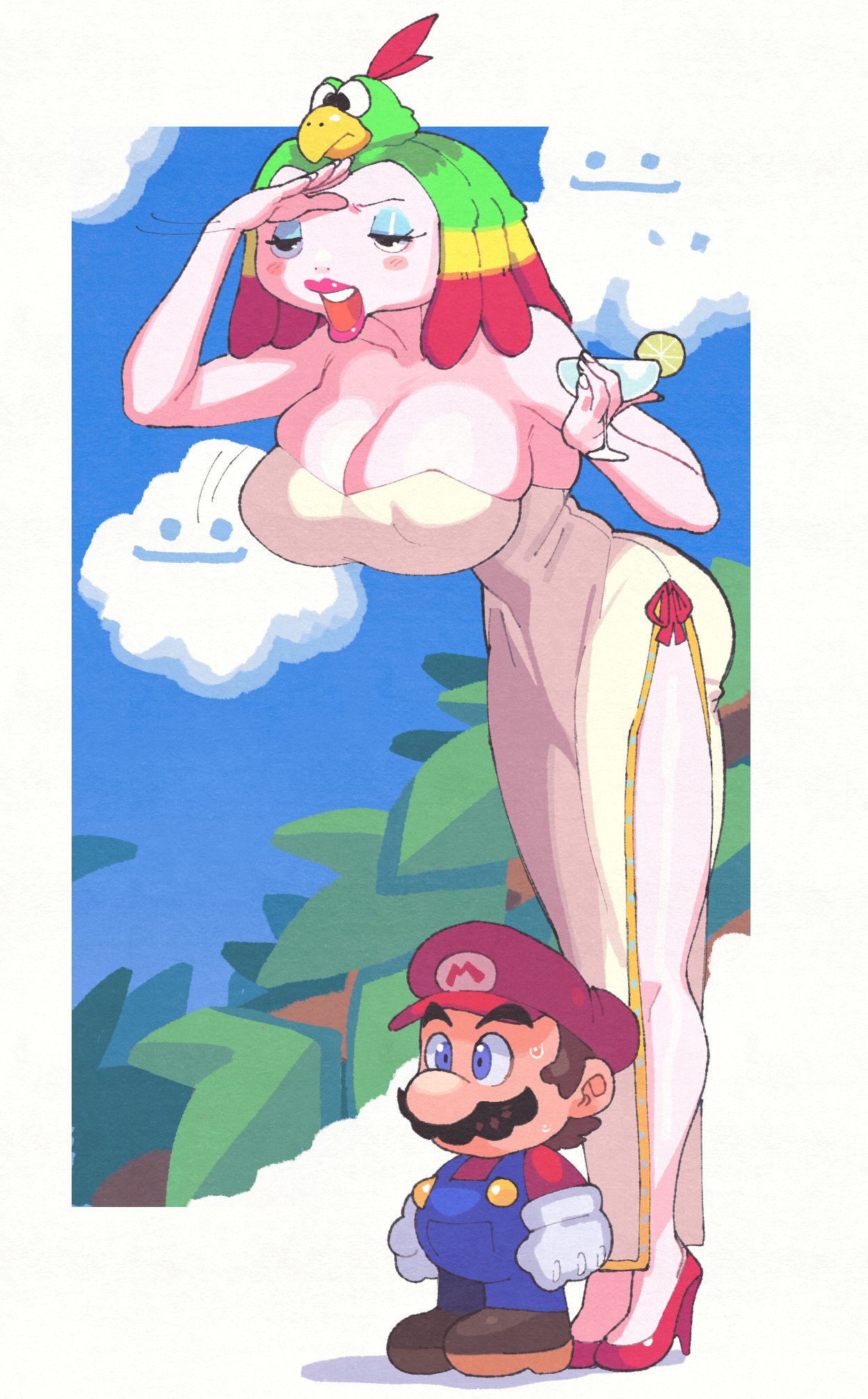 1boy 1girls alcohol breasts cleavage clothed clothing cloud dress female full_body height_difference inconvenient_breasts inkuusan male mario mario_(series) outdoors queen_valentina sky smaller_male standing super_mario_rpg super_mario_rpg_remake taller_female tight_clothing unaware