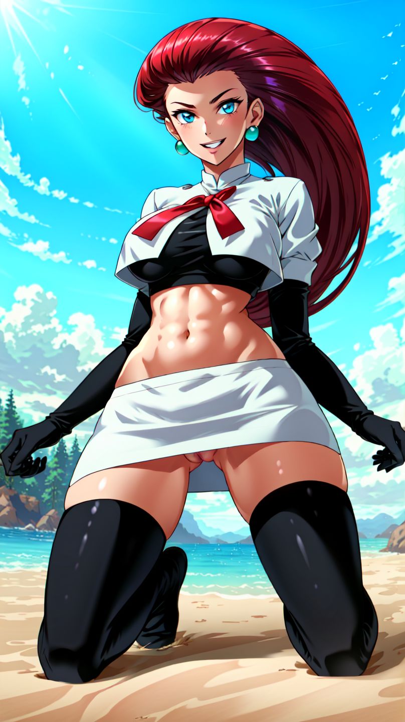 1girls, ai generated, beach, blue eyes, cloud, earrings, female, jessie (pokemon), kneeling, looking at viewer, marusame, no panties, pokemon, pussy, shirt, smile, solo, stable diffusion, team rocket, thighhighs, upskirt