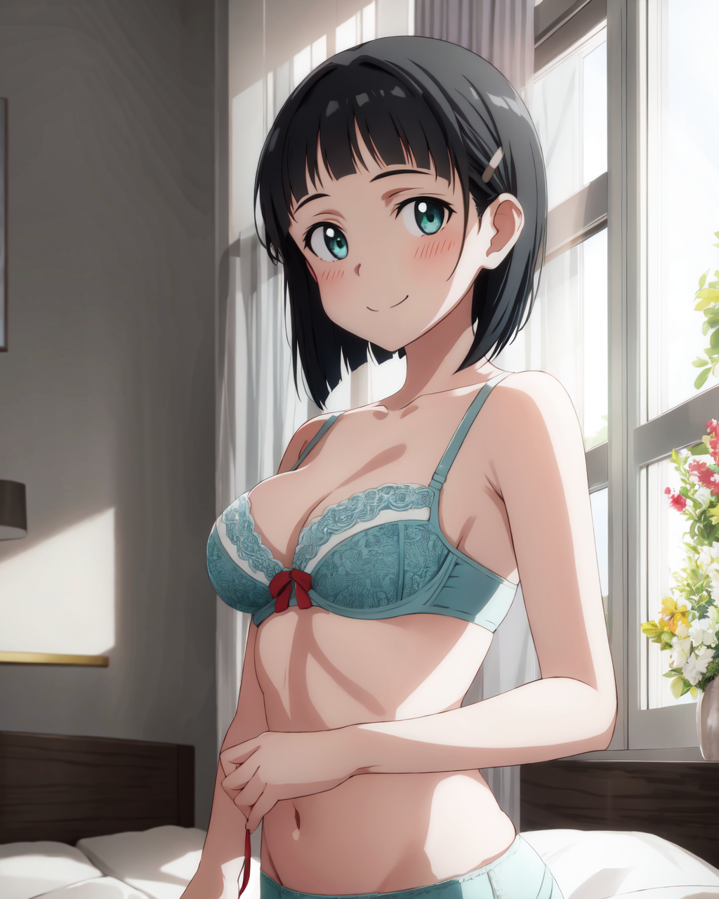 1girls ai_generated bedroom black_hair blunt_bangs blush bra cleavage embarrassed female female_only fossillight green_eyes hair_ornament hairclip indoors kirigaya_suguha light-skinned_female light_skin looking_at_viewer midriff nai_diffusion panties petite smile solo solo_focus stable_diffusion sword_art_online underwear