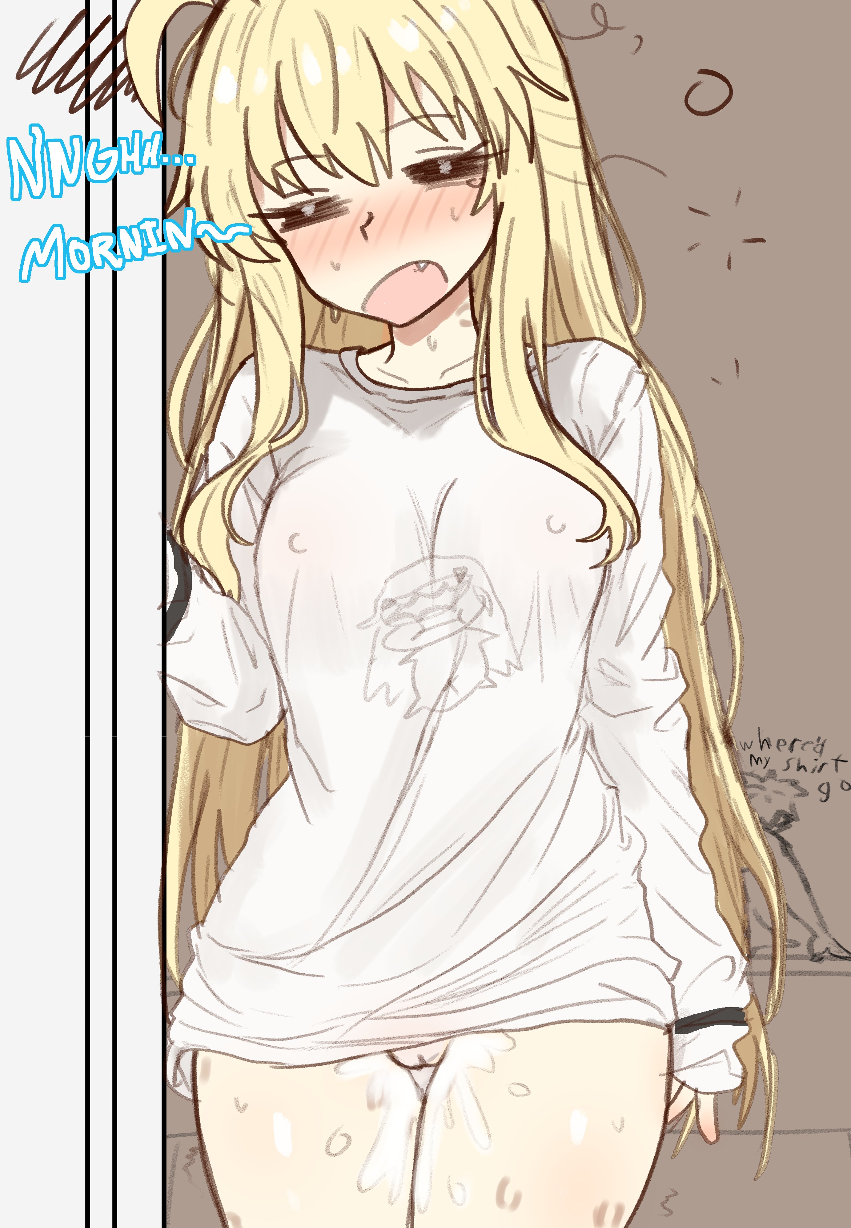1girls, after sex, artoria caster (fate), artoria pendragon, artoria pendragon (caster), blonde hair, bottomless, cum, cum in pussy, cute, cute fang, ebora, english text, fate (series), fate/grand order, female, fujimaru ritsuka (male), hi res, long hair, male, no panties, pussy, t-shirt only, uncensored, wet pussy, youngmanisdown
