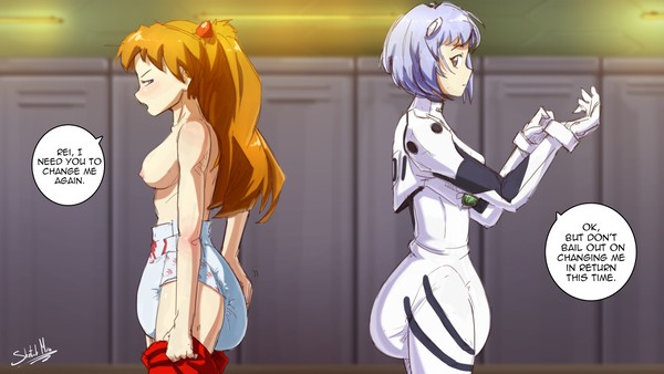 asuka_langley_sohryu diaper diaper_critter diapersuit neon_genesis_evangelion rei_ayanami sketchmandl