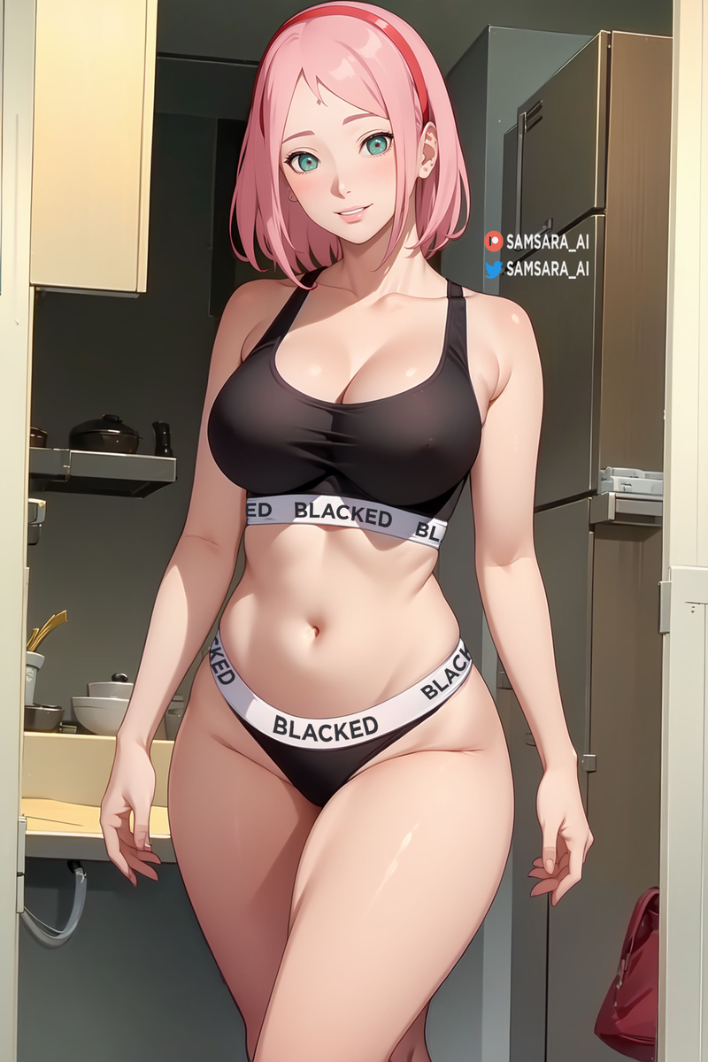 1girls, ai generated, big breasts, blacked, blacked clothing, breasts, female, female focus, female only, green eyes, light skin, light-skinned female, looking at viewer, naruto, naruto (series), pink hair, sakura haruno, samsara ai, solo