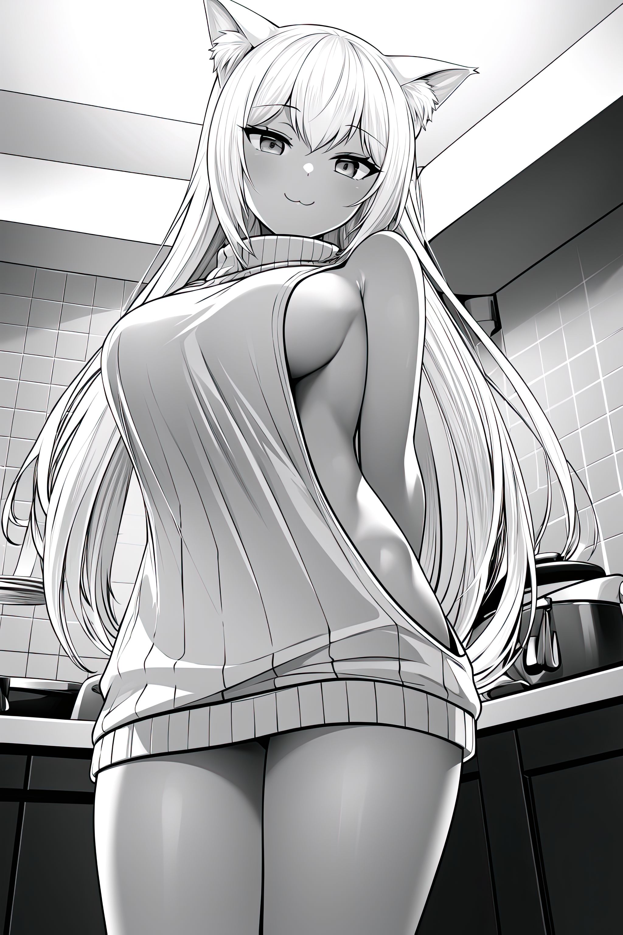 ai generated, big breasts, breasts, cat ears, cat girl, catgirl, coconut (sayori), dark skin, dark-skinned female, female, nekopara, sideboob, virgin killer sweater