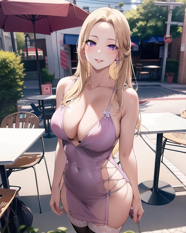 1girls ai_generated ai_mirror belly_button belly_button_visible_through_clothing blonde_hair blush building bush chair earrings keys long_hair looking_at_viewer medium_breasts outside purple_dress purple_eyes purple_panties smile stockings table transparent_clothing tree umbrella waiter white_skin