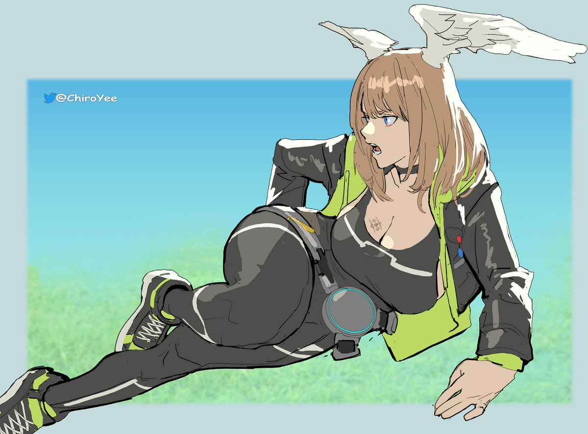 1girls, big breasts, blue eyes, blue-eyed female, breasts, brown eyebrows, brown hair, brown-haired female, chiroyee, clothed, clothed female, clothes, clothing, eunie (xenoblade), female, female only, full body, huge breasts, large breasts, legs, long hair, long-haired female, open mouth, shoes, solo female, thick legs, thick thighs, thighs, wings, wings on head, xenoblade (series), xenoblade chronicles 3