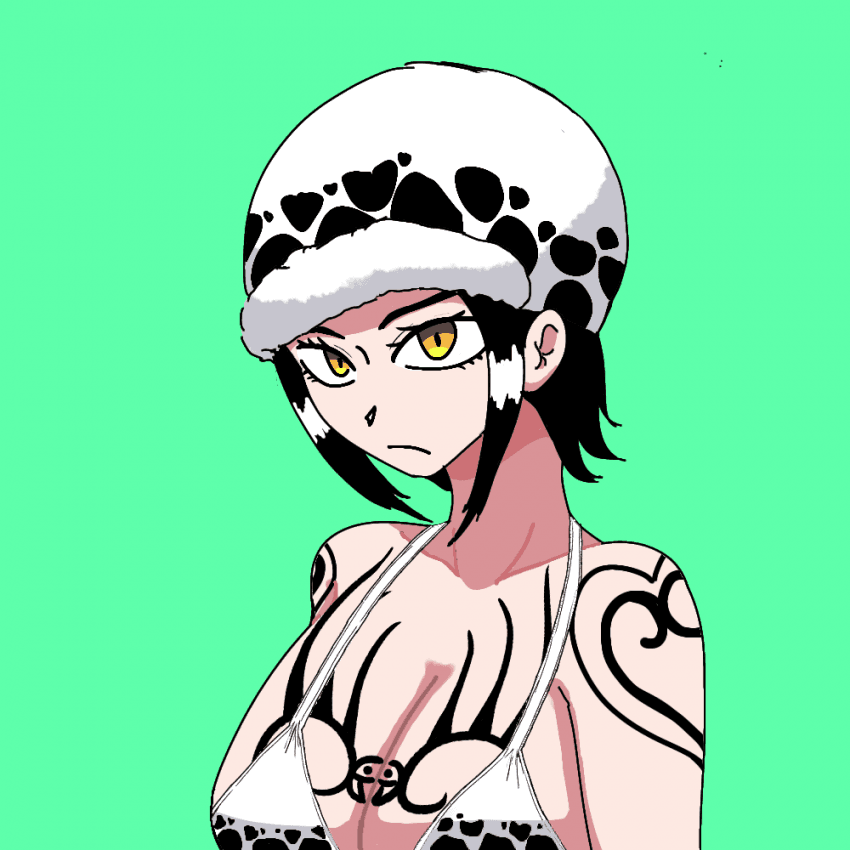 1girls bikini bikini_top breasts chest_tattoo dhwachang female female_only genderswap_(mtf) hat large_breasts looking_at_viewer one_piece rule_63 short_hair shoulder_tattoo trafalgar_law white_bikini