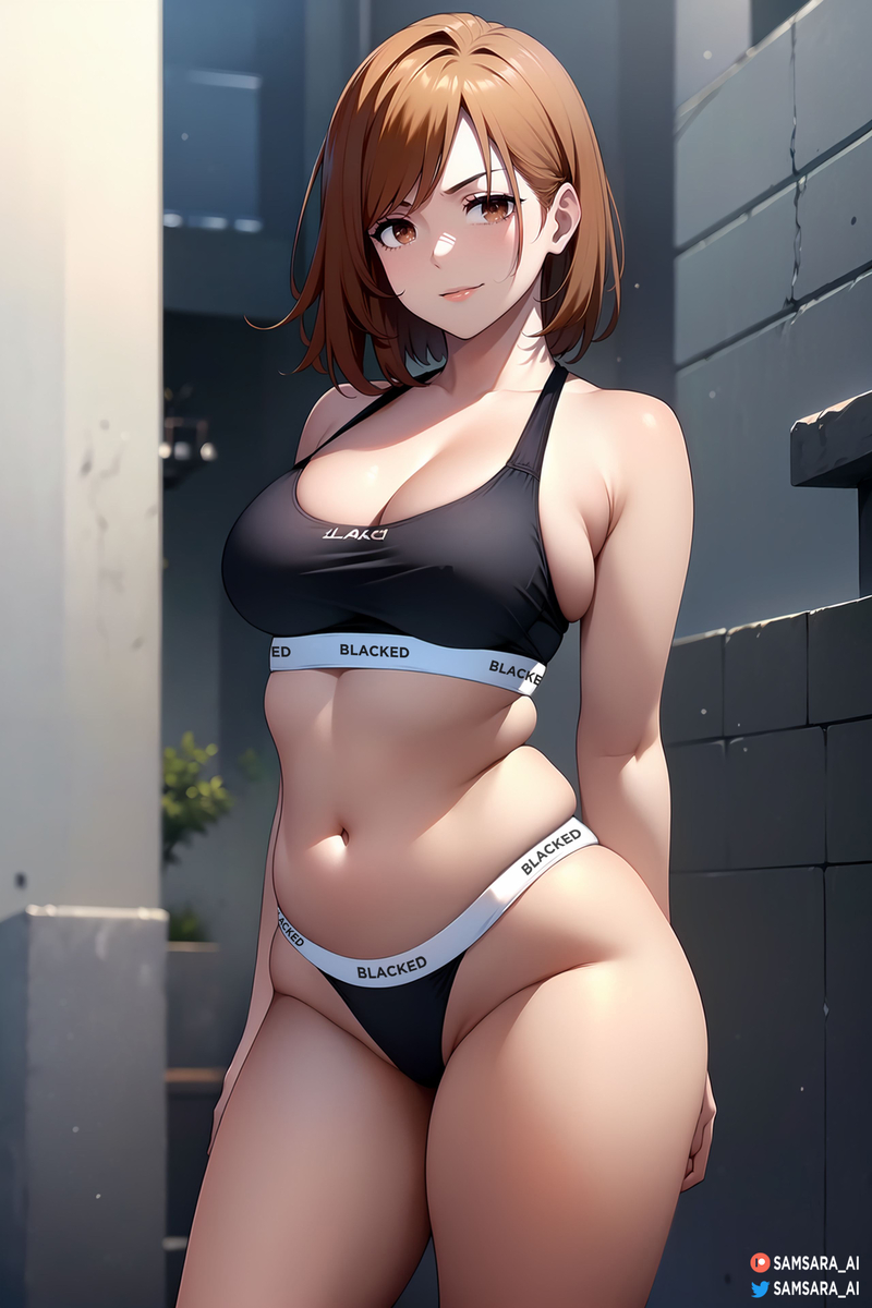 1girls, ai generated, asian, asian female, big breasts, blacked, blacked clothing, breasts, brown eyes, brown hair, female, female focus, female only, jujutsu kaisen, kugisaki nobara, light skin, light-skinned female, looking at viewer, samsara ai, short hair, solo