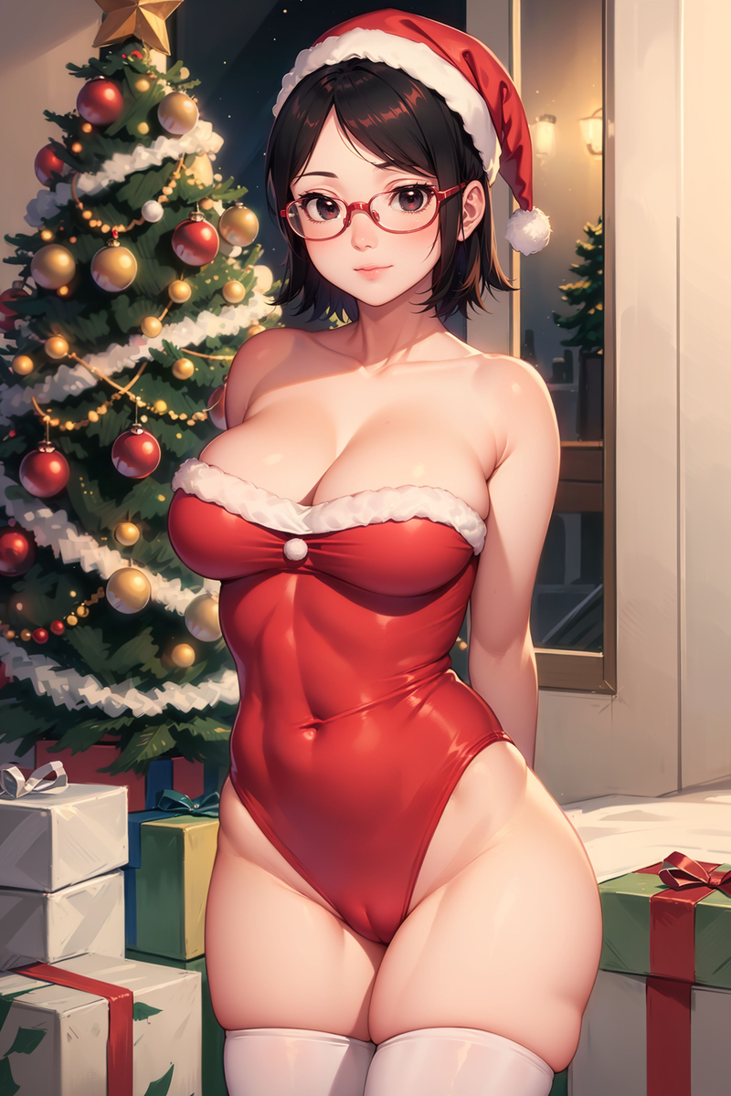 1girls, ai generated, bare shoulders, big breasts, black hair, breasts, christmas clothing, christmas outfit, cleavage, female, female focus, female only, glasses, light skin, light-skinned female, looking at viewer, naruto, naruto (classic), naruto (series), naruto shippuden, samsara ai, santa costume, santa hat, sarada uchiha, short hair, solo, uchiha sarada, younger female
