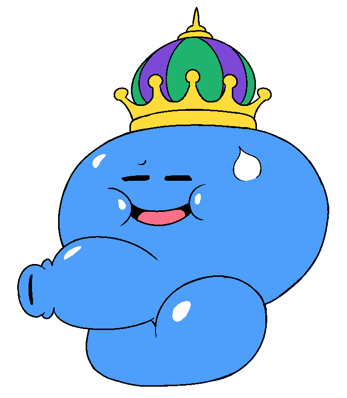 balls big_balls big_head big_penis blue_body bodily_fluids chubby_male closed_eyes clothing crown dragon_quest foreskin genitals goo_creature hat headgear headwear king king_slime_(dragon_quest) male non-human non-human_only penis pink_tongue royalty simple_background simple_eyes slem slightly_chubby slime slime_(dragon_quest) smile solo square_enix sweat tongue toony waddling_head