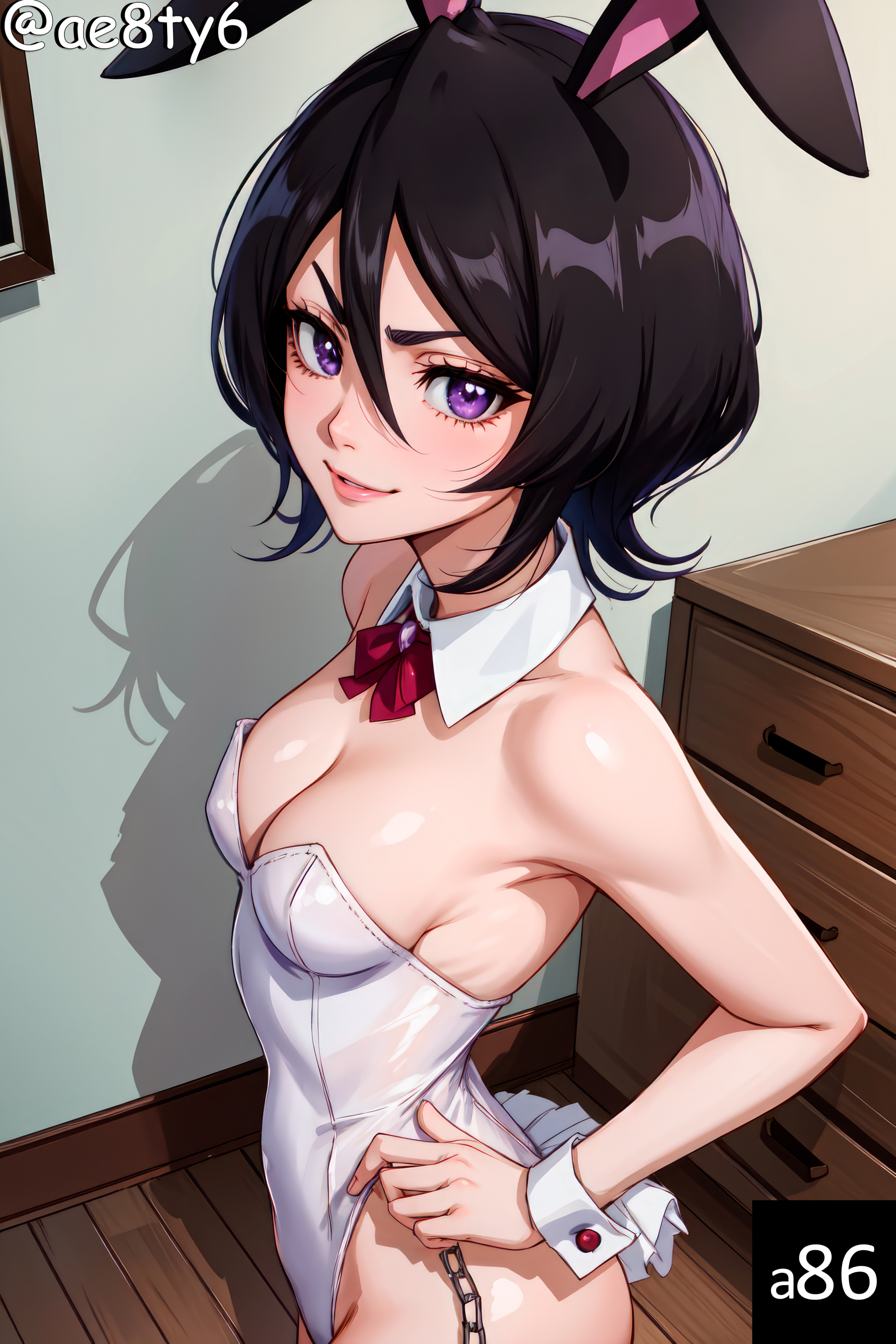 1girls, ai generated, black hair, bleach, bunny, bunny ears, female, kuchiki rukia, short hair, solo, solo focus, swimsuit