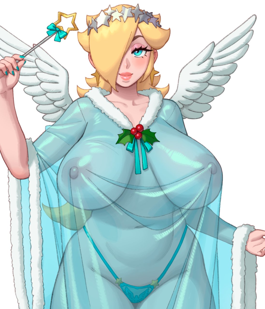 1girls, 2023, alternate breast size, ass, big areola, big ass, big breasts, big nipples, bimbo, blonde hair, blue eyes, breasts, christmas, clothed, curvy, erect nipples, female, female only, hair over one eye, huge breasts, mario (series), massive breasts, naughty face, nintendo, nipples, no bra, princess rosalina, rizdraws, see-through, see-through clothing, see-through dress, sideass, simple background, slightly chubby, super mario galaxy, thick lips, thong, useless clothing, voluptuous, wings