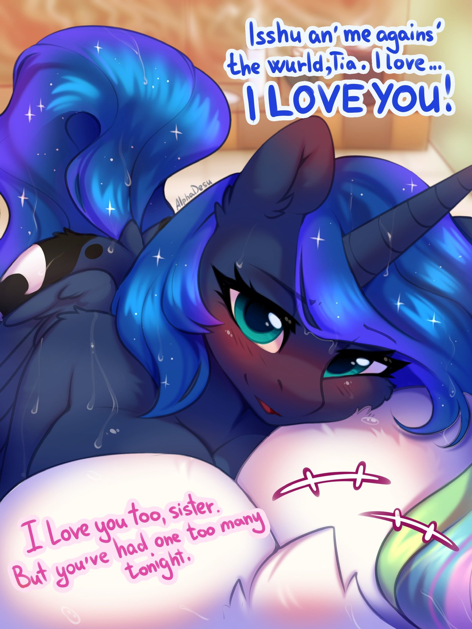 alicorn alphadesu anthro ass blue_body blue_eyes blue_fur blue_hair blush bodily_fluids breasts chest_tuft cutie_mark dock drunk english_text equid equine eyelashes female female/female friendship_is_magic fur green_hair hasbro horn mammal my_little_pony pink_hair princess_celestia_(mlp) princess_luna_(mlp) siblings sister sisters smile sweat tail text tuft white_body white_fur wings yuri