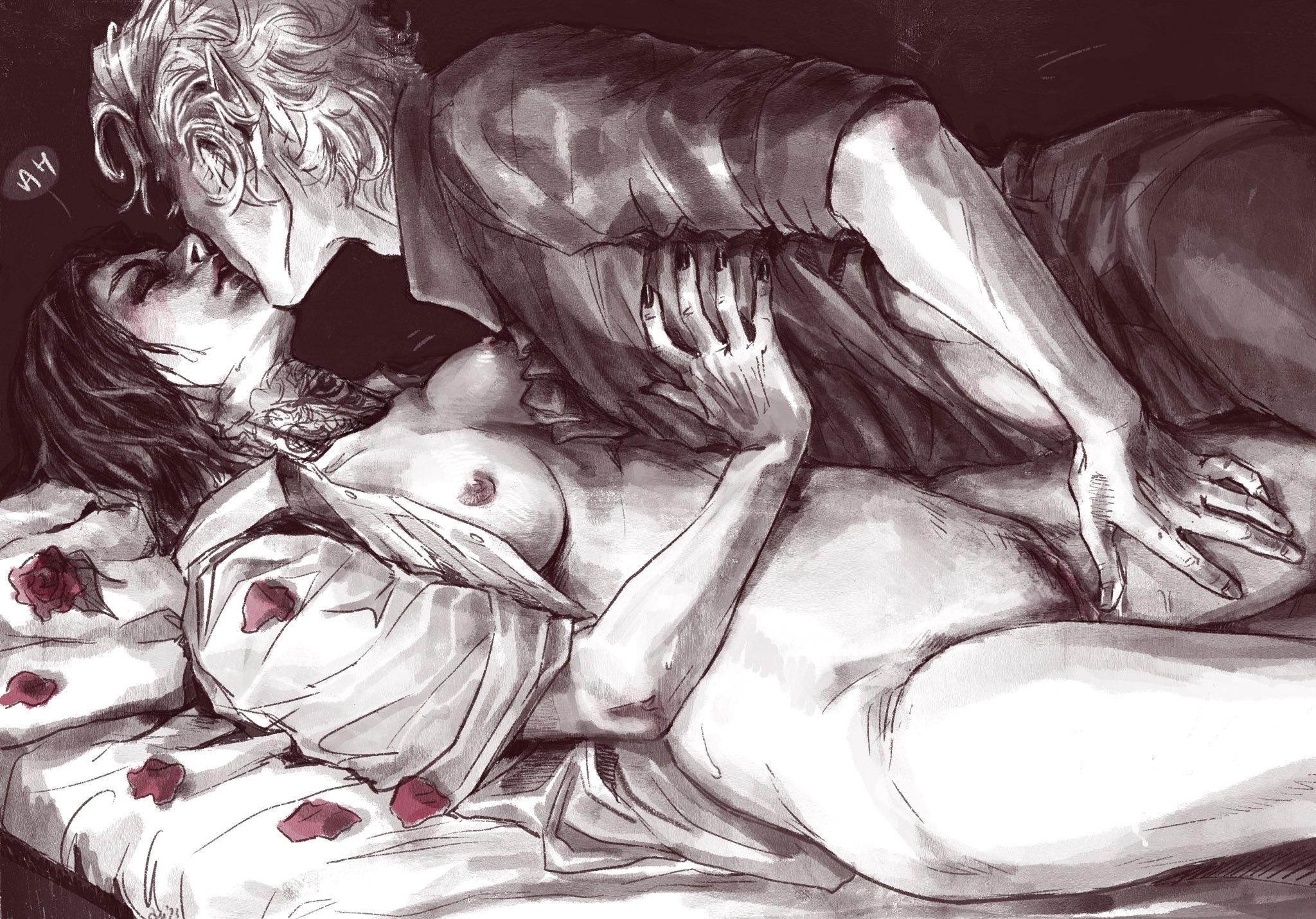 areola, astarion, baldur's gate 3, breasts, clothed male nude female, dungeons and dragons, elf, elf male, female, forgotten realms, girl on bottom, kissing, male, nipples, pussy, tav (baldur's gate), tav (baldur's gate) (female)