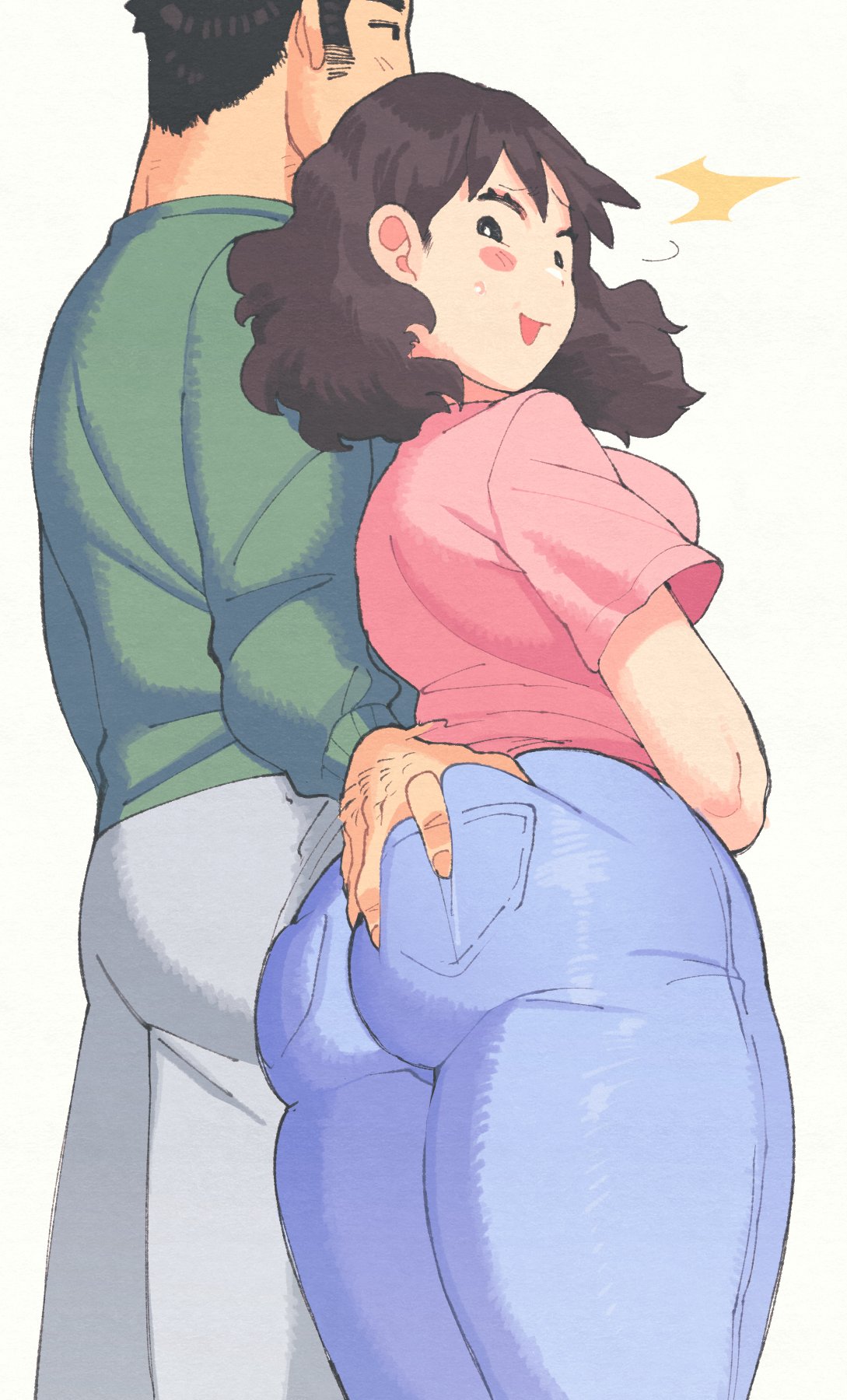 ass ass_grab crayon_shin-chan female grabbing_ass hiroshi_nohara huge_ass inkuusan jeans misae_nohara surprised thick_thighs white_background