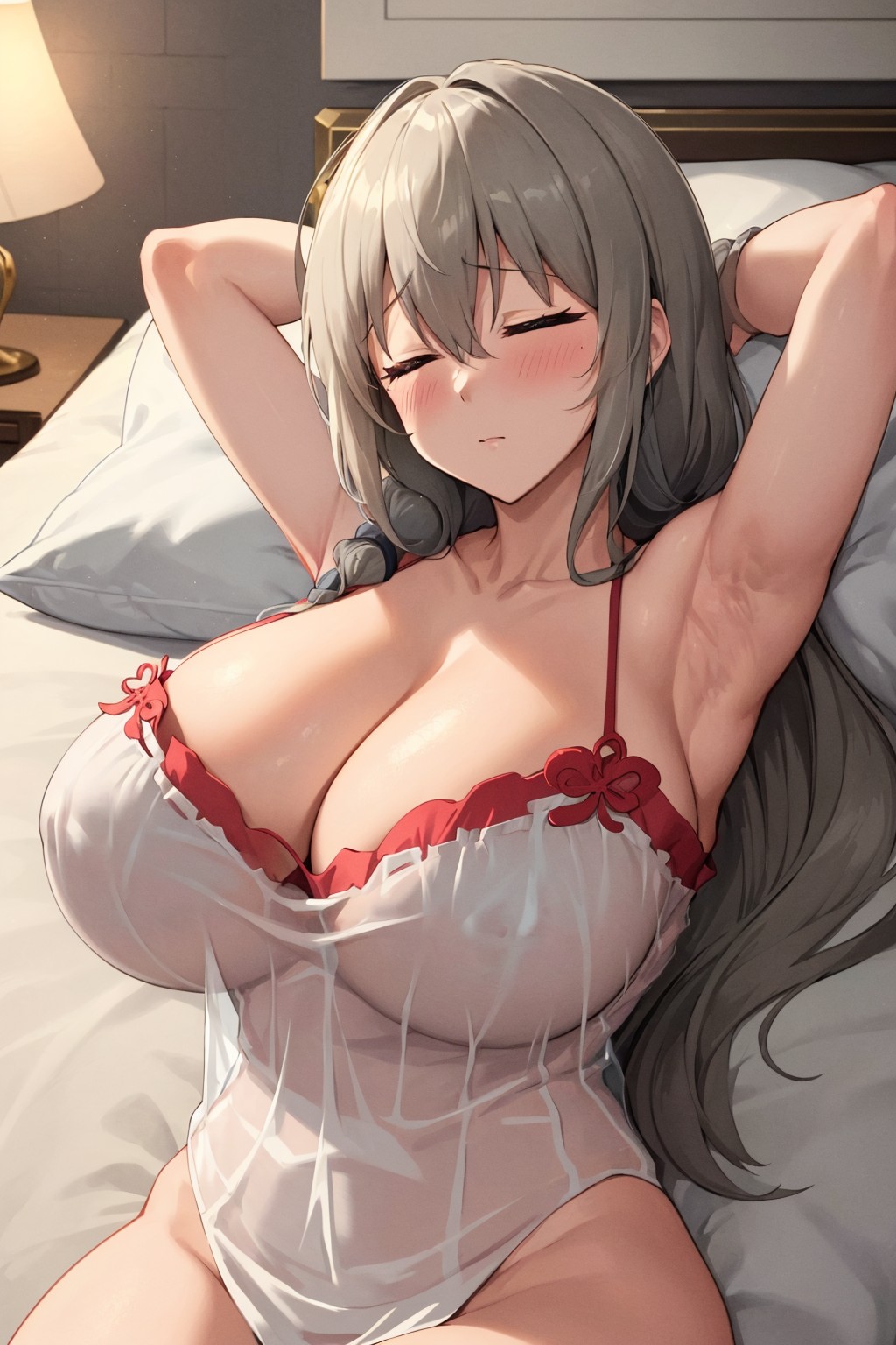 1girls, ai generated, armpits, arms behind head, blue eyes, breasts, covered nipples, female, flyingpancake, grey hair, hi res, hips, huge breasts, light skin, light-skinned female, lingerie, long hair, mature female, milf, mommy, mother, negligee, no bra, no panties, on back, see-through, side ponytail, solo, thick thighs, thighs, uzaki tsuki, uzaki-chan wa asobitai!, wide hips