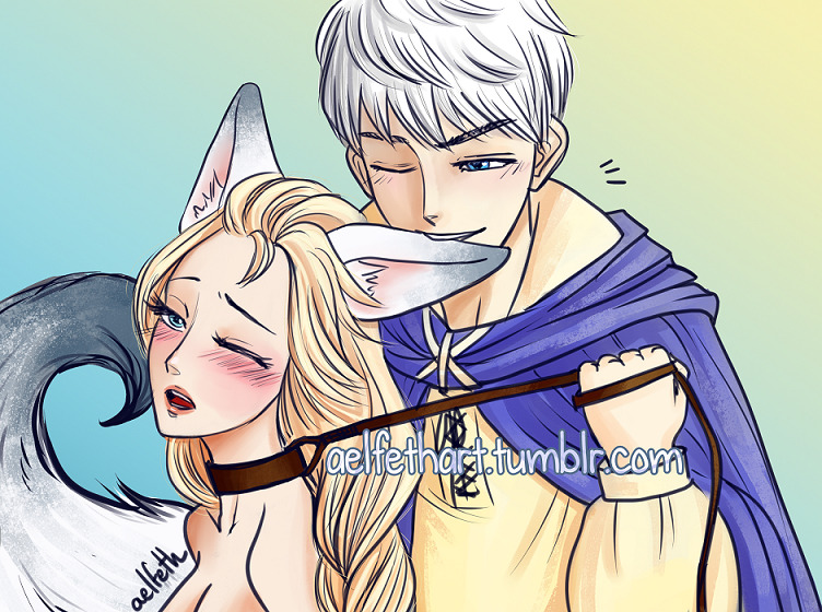 1boy 1girls animal_ears blonde_hair blue_eyes blush collar crossover crossover_pairing disney dreamworks ear_biting elsa elsa_(frozen) female femsub frozen_(film) implied_sex jack_frost jack_frost_(rise_of_the_guardians) jelsa leash leash_and_collar leash_pull male male/female maledom one_eye_closed open_mouth paramount_pictures parted_lips rise_of_the_guardians straight tail white_hair