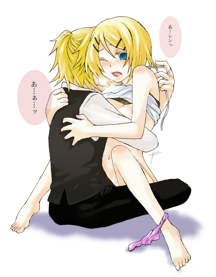 adolescence_(vocaloid) barefoot blonde_hair blue_eyes blush brother_and_sister girl_on_top hair_ornament hairclip hug incest kagamine_len kagamine_rin kiri_(lwp01_lav) panties panties_around_one_leg sex short_hair siblings tears twincest twins upright_straddle vocaloid wince wink