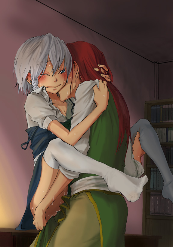 2girls blouse blue_eyes blush bookshelf braid china_dress chinese_clothes clothed_sex clothing dress feet female female_only hong_meiling hug kyouno leg_grab leg_lock lingerie long_hair maid multiple_girls no_visible_genitalia pussy_juice red_hair sakuya_izayoi sex shirt short_hair silver_hair stockings the_embodiment_of_scarlet_devil thighhighs touhou yuri