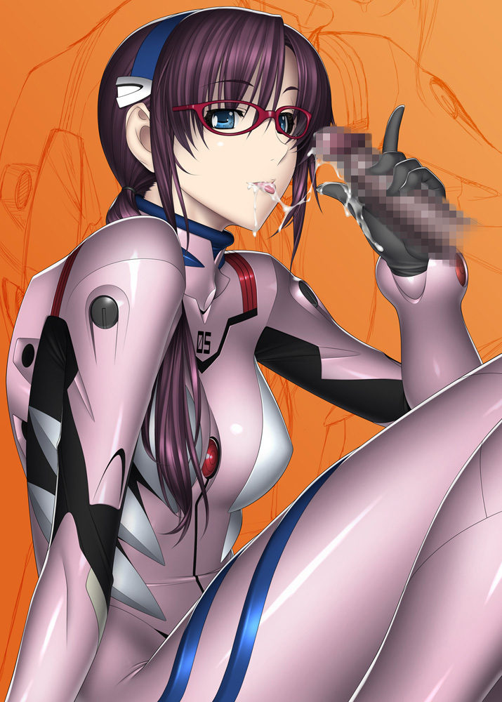 1girls blue_eyes bodysuit breasts brown_hair censored clothing cum cum_string female glasses handjob human interface_headset kansuke light-skinned_female light_skin long_hair mari_illustrious_makinami medium_breasts neon_genesis_evangelion penis pilot_suit plugsuit rebuild_of_evangelion tongue