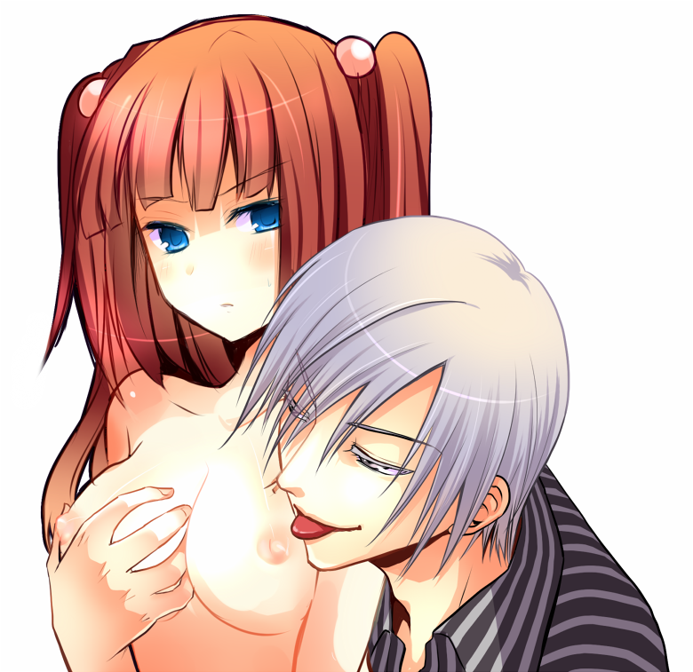 07th_expansion 1boy 1girls ange_ushiromiya blue_eyes breast_grab breasts clothing female grey_eyes grey_hair human juuza_amakusa kinatsu_souju long_hair male naked nipples red_hair short_hair straight sweat tied_hair tongue tongue_out twintails umineko_no_naku_koro_ni white_background white_skin